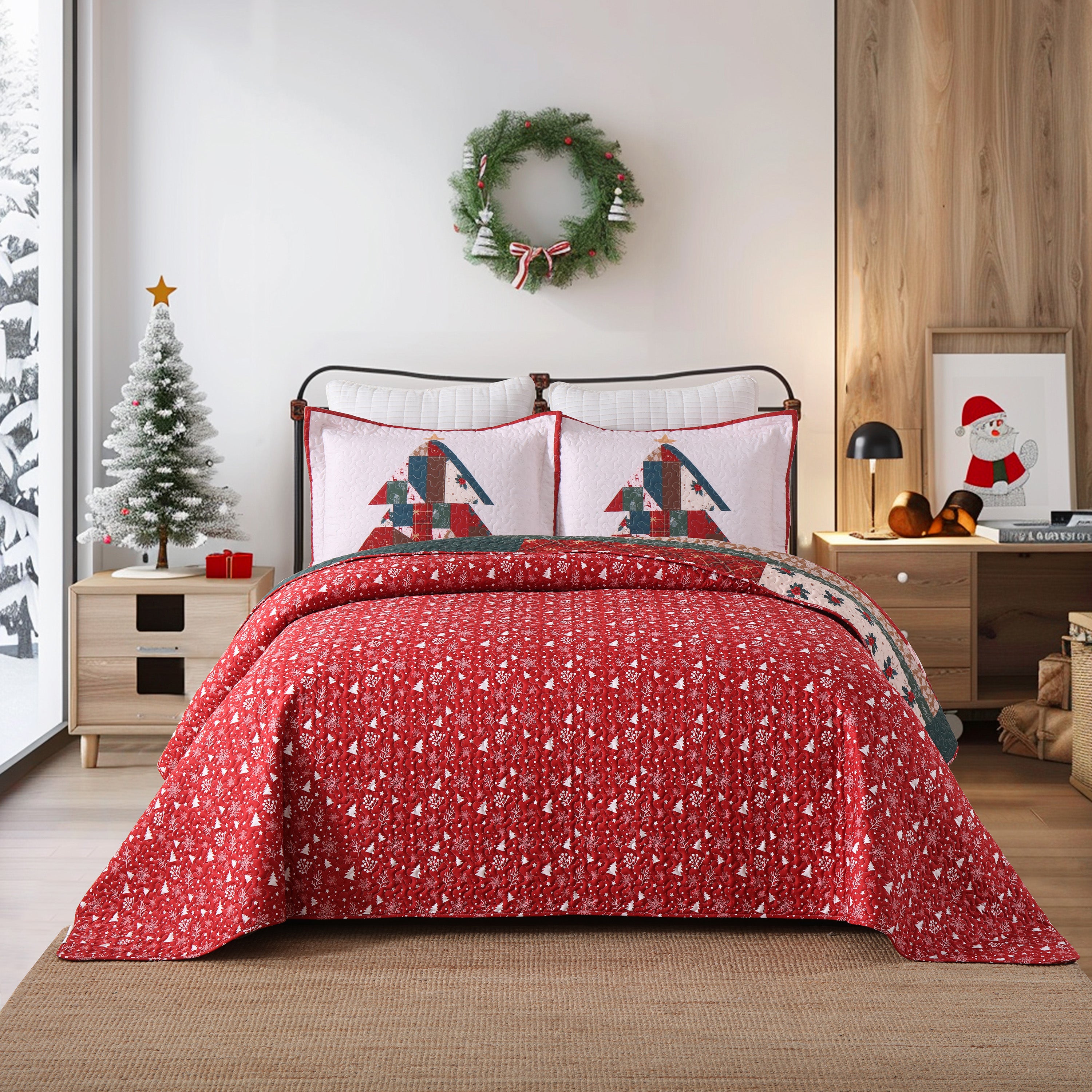 3 Piece Reversible Polyester Christmas Tree Patchwork Quilt Set - Holiday Bedspread Set BY218