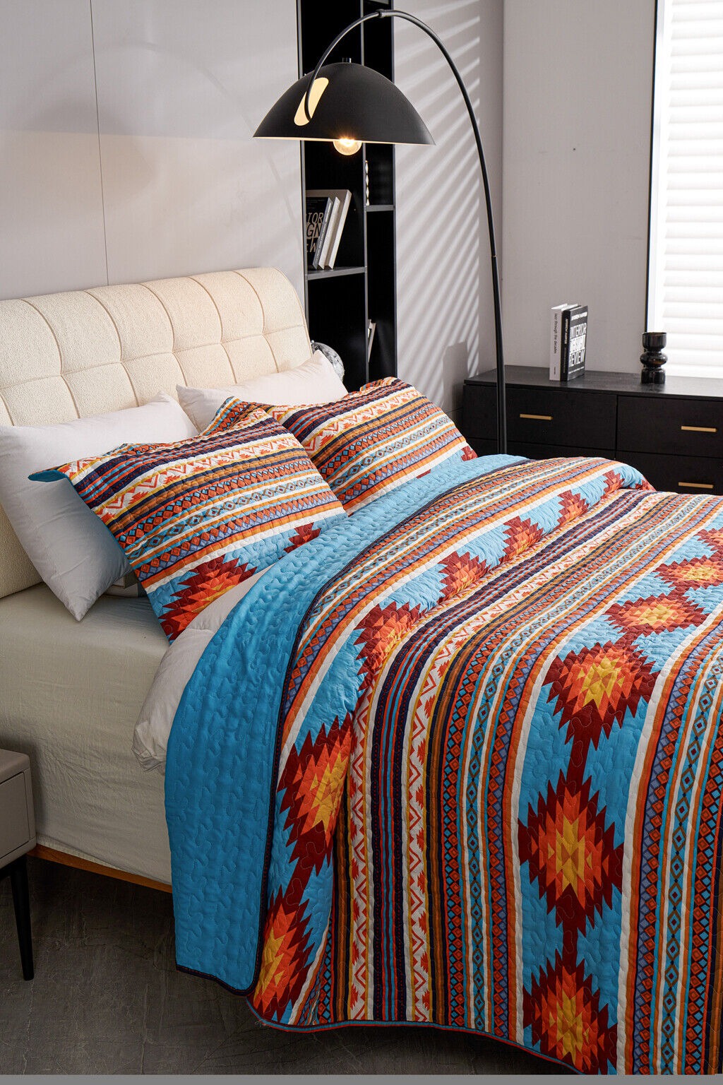 3 Pcs Boho Colorful Polyester Quilt Set, Geometry Printed Bedspread Coverlet Set with 2 Pillowcases,Soft Bohemian Bedding Set