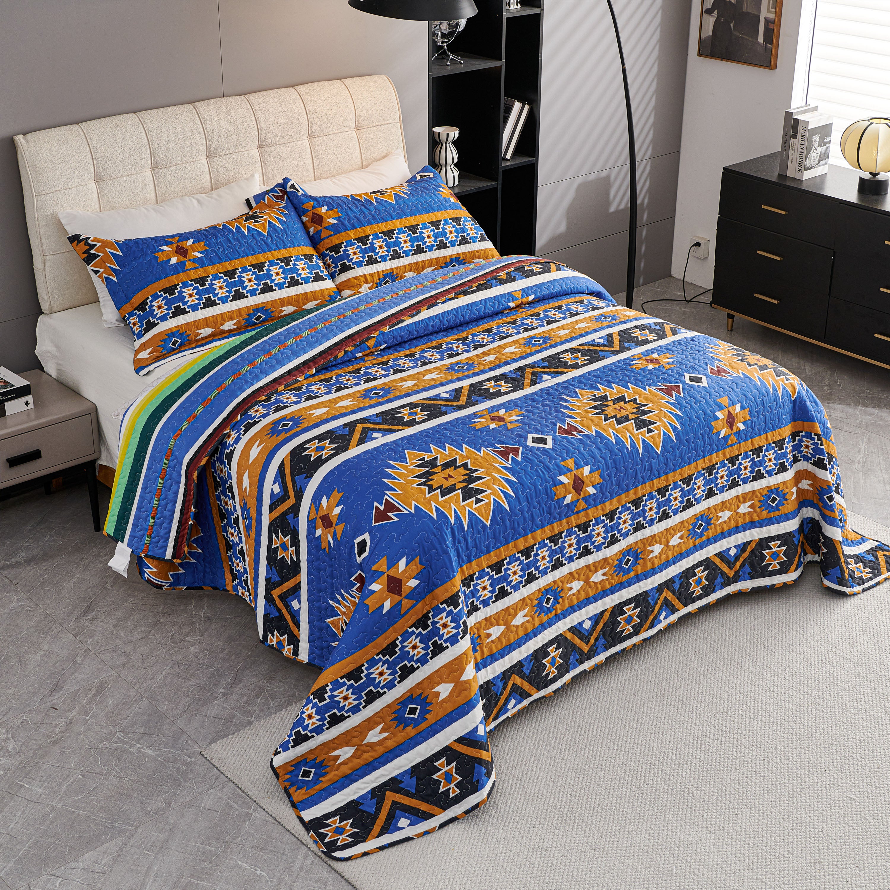 3 Piece Boho Colorful Geometric Printed Quilt Bedspread Set SS