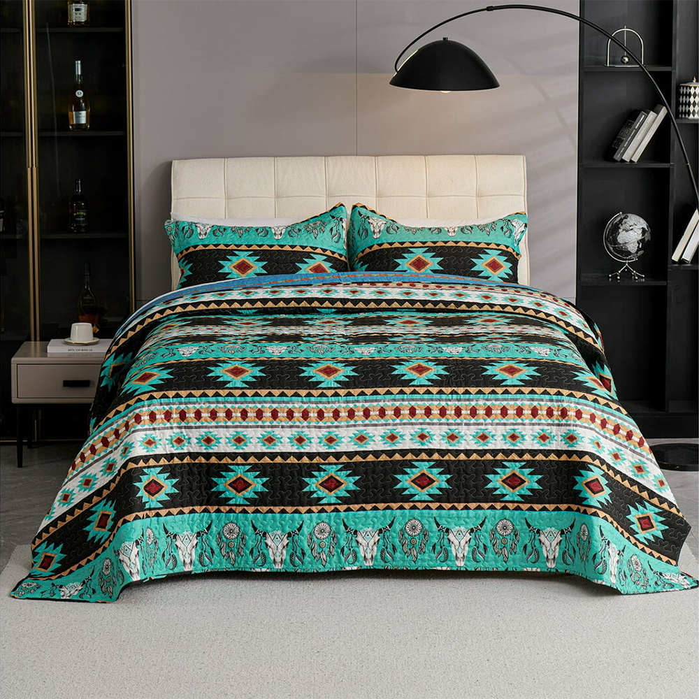 3 Piece Boho Colorful Geometric Printed Quilt Bedspread Set SS
