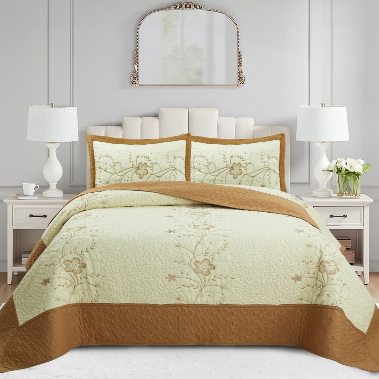 3 Piece Queen Size Embroidered Floral Quilt Bedspread Set