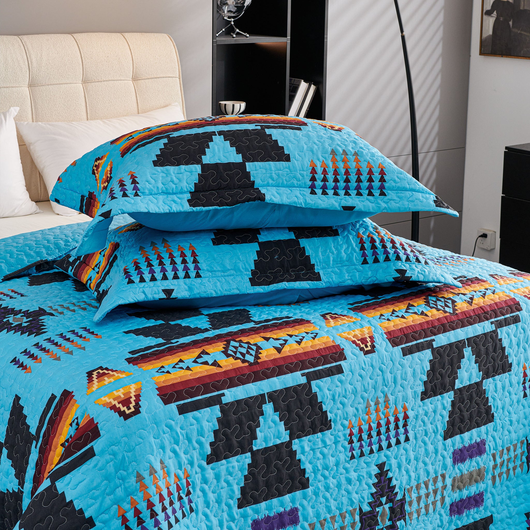 3 Pcs Boho Colorful Polyester Quilt Set, Geometry Printed Bedspread Coverlet Set with 2 Pillowcases,Soft Bohemian Bedding Set