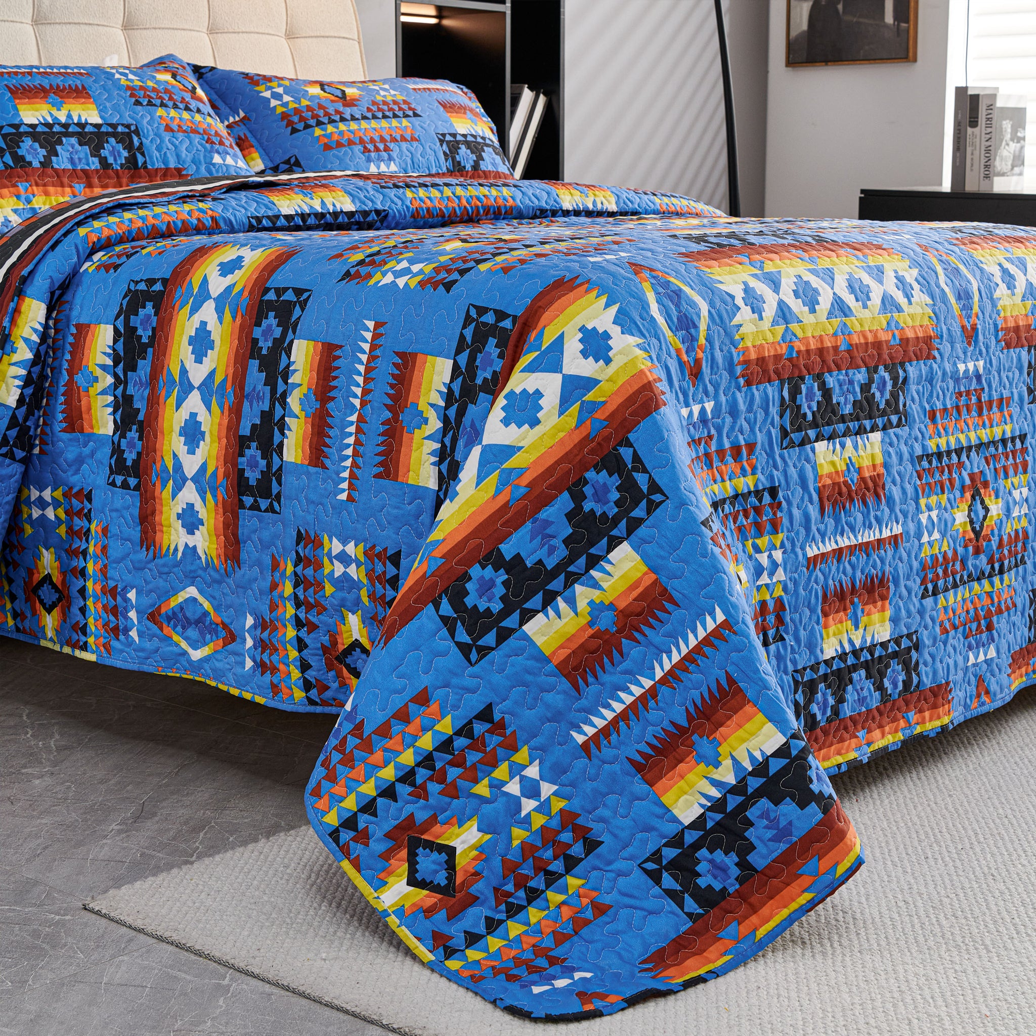 3 Pcs Boho Colorful Polyester Quilt Set, Geometry Printed Bedspread Coverlet Set with 2 Pillowcases,Soft Bohemian Bedding Set