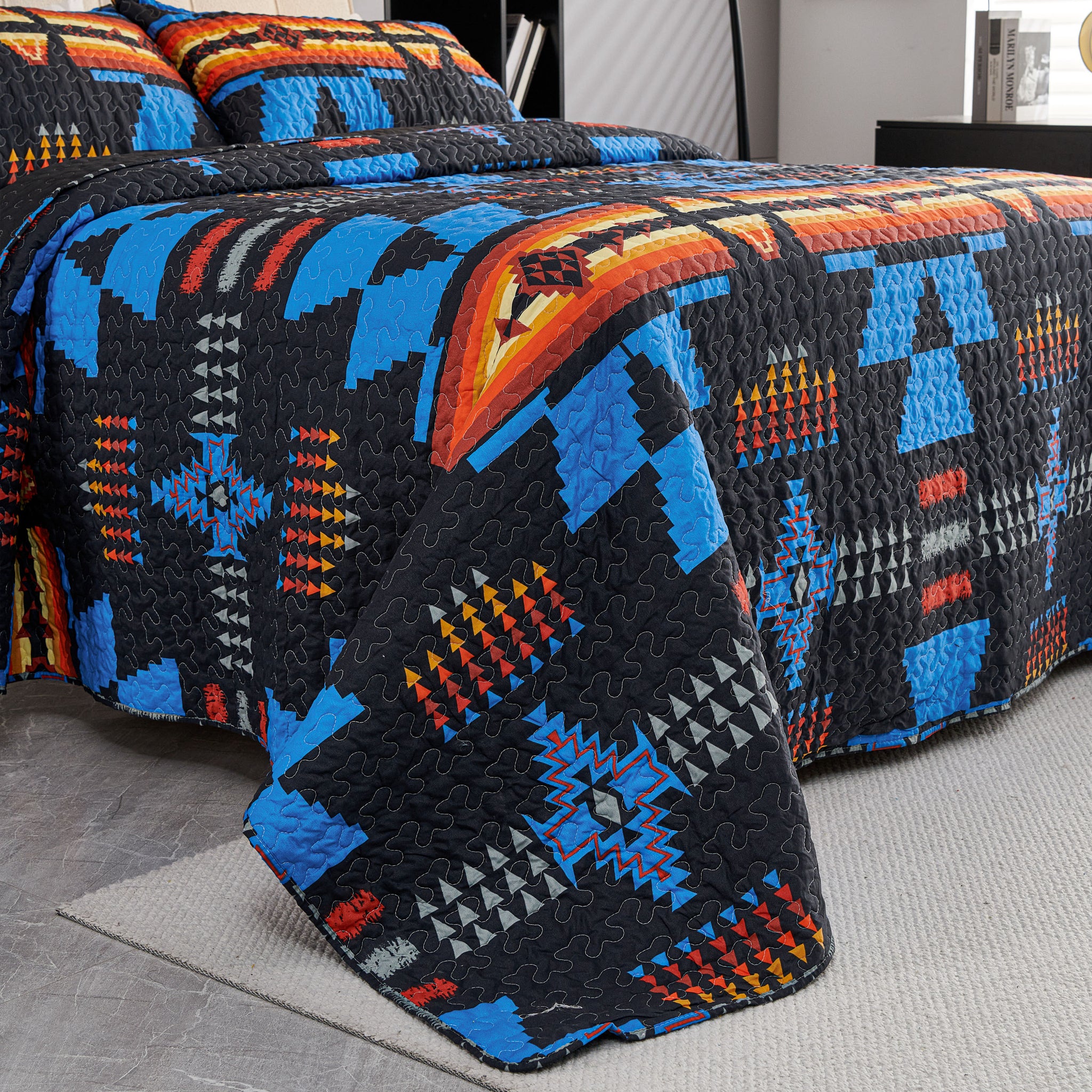 3 Pcs Boho Colorful Polyester Quilt Set, Geometry Printed Bedspread Coverlet Set with 2 Pillowcases,Soft Bohemian Bedding Set