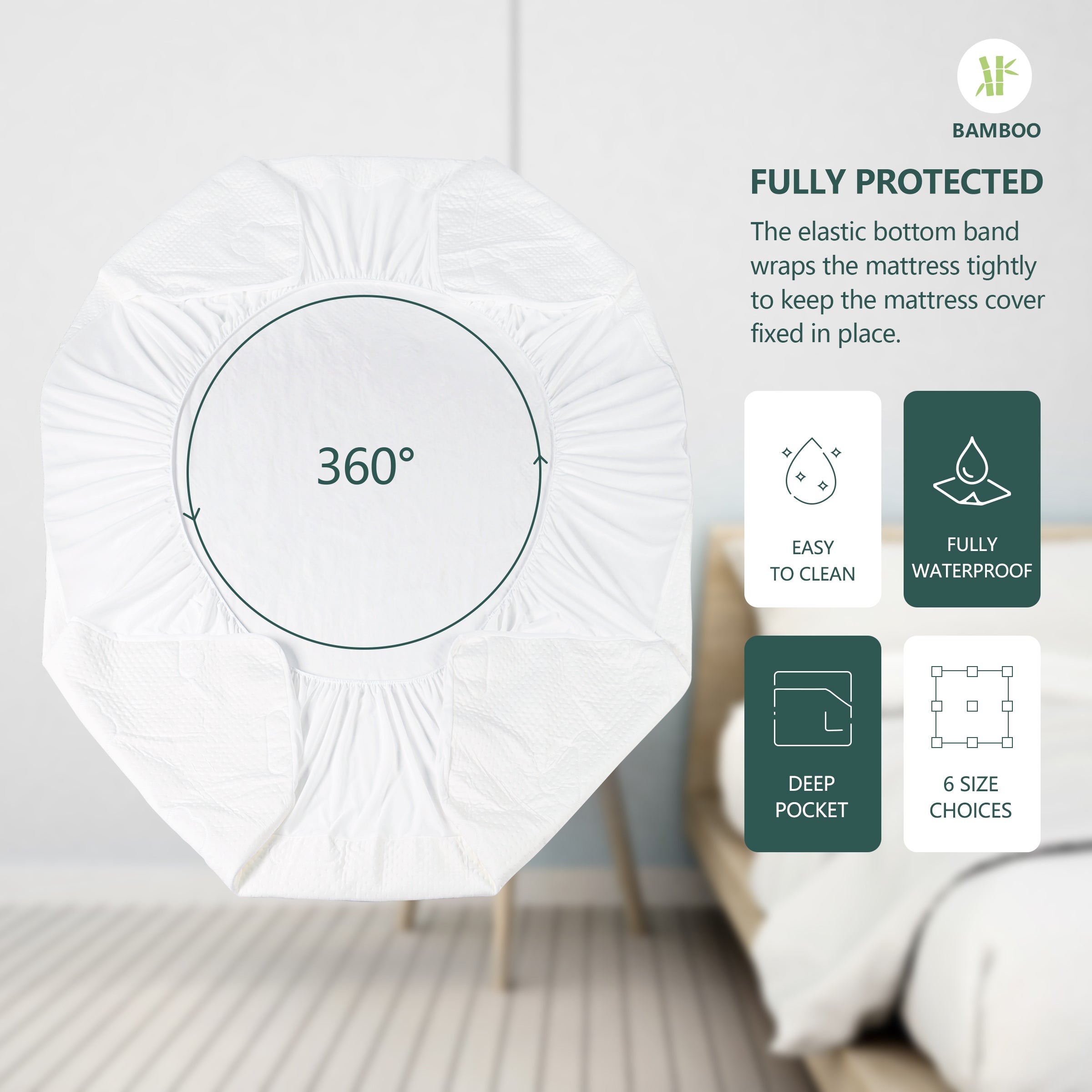 Bamboo Viscose Waterproof Mattress Protector Cover Soft Breathable Fitted Mattress Pad