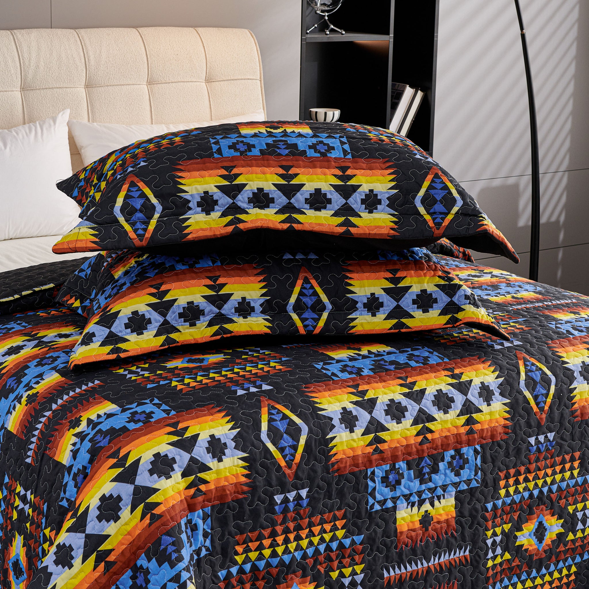 3 Pcs Boho Colorful Polyester Quilt Set, Geometry Printed Bedspread Coverlet Set with 2 Pillowcases,Soft Bohemian Bedding Set