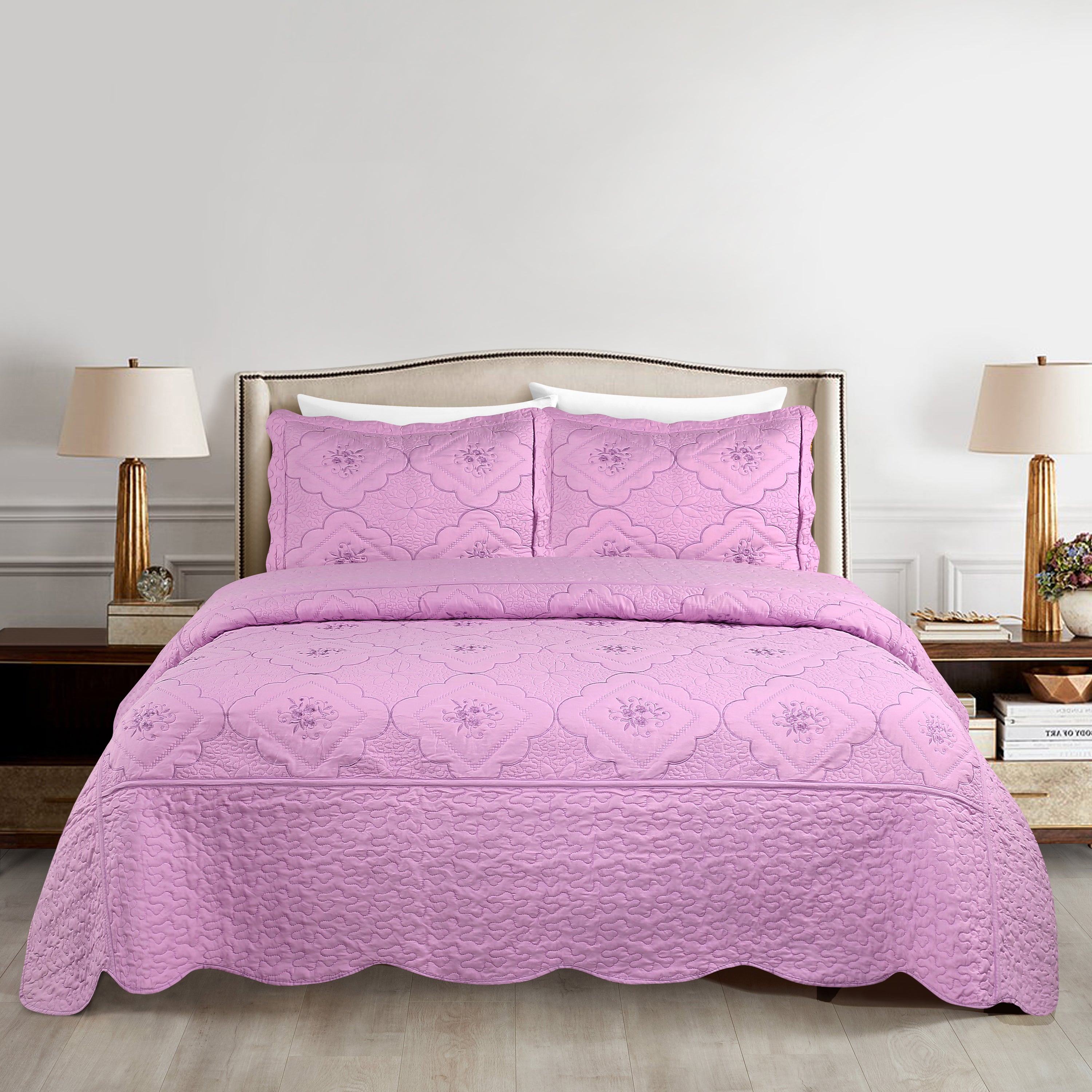3 Piece Floral Embroidered Quilted Bedspread Set