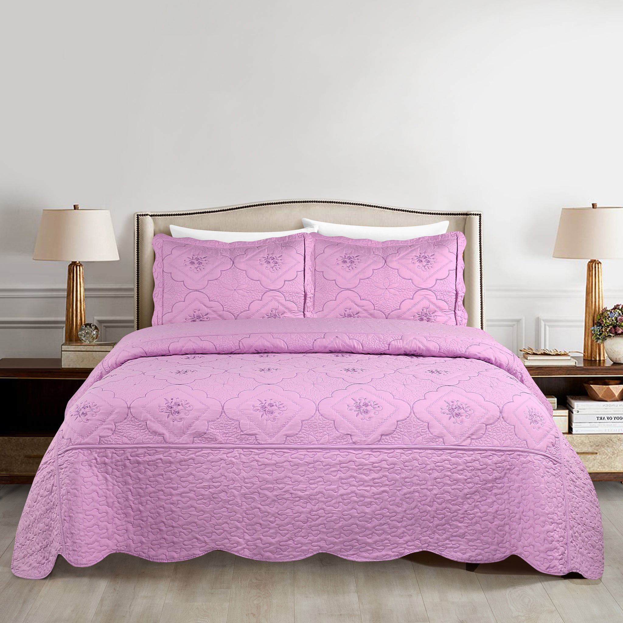 3 Piece Floral Embroidered Quilted Bedspread-Beautiful Stitching- Lightweight Bedspread Set Queen/King Size