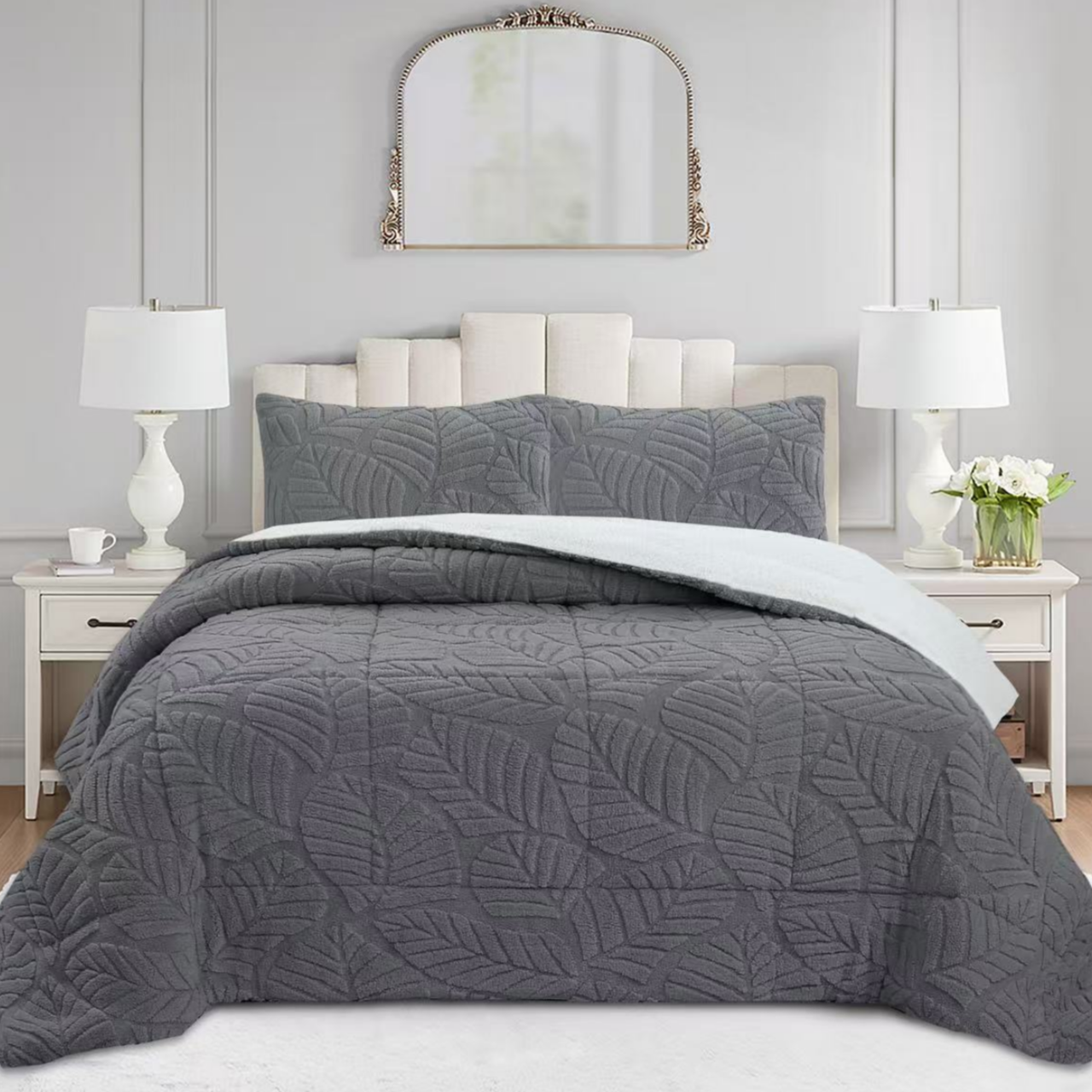 Soft 3 Piece Leaf Pattern Jacquard Plush Comforter Set MEL
