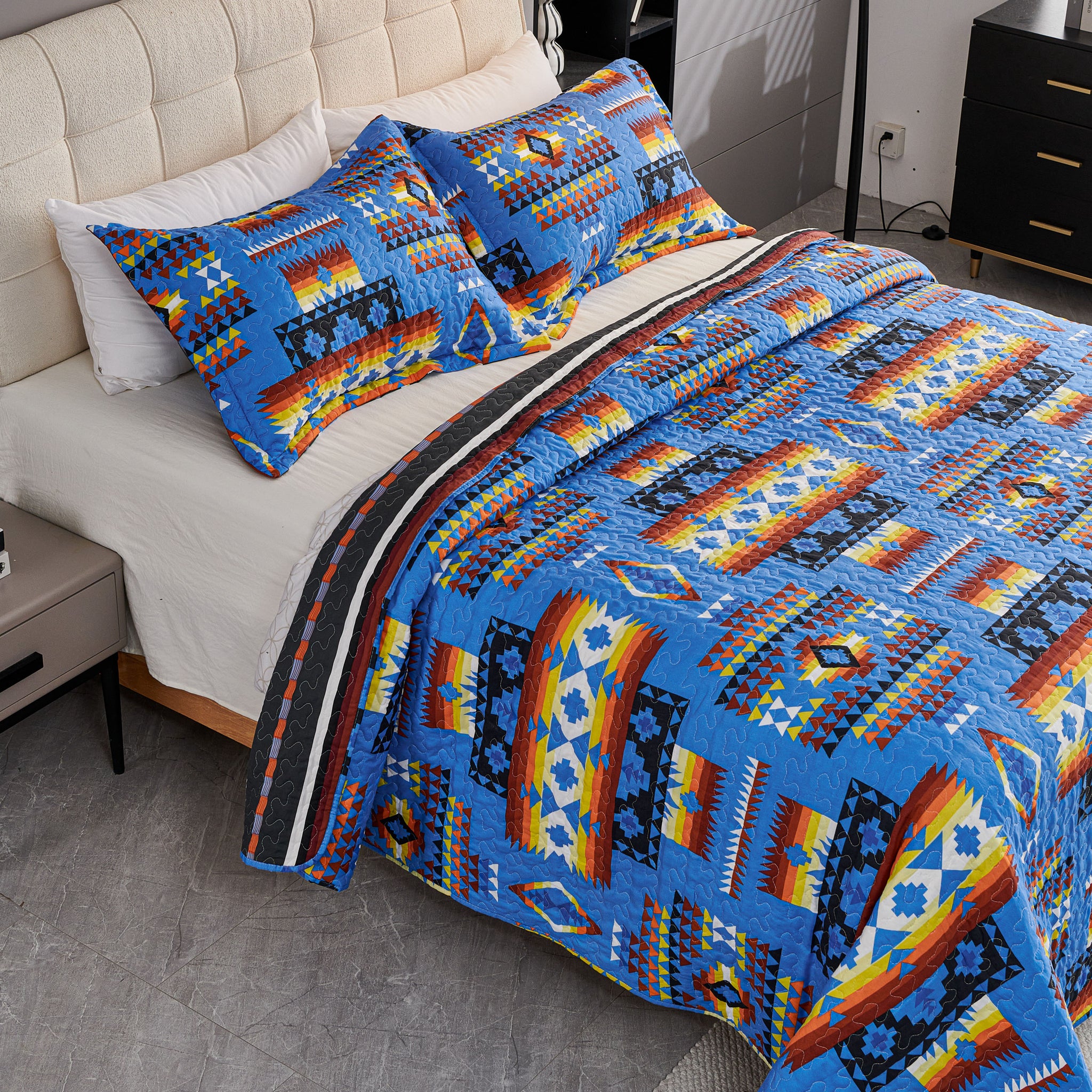 3 Pcs Boho Colorful Polyester Quilt Set, Geometry Printed Bedspread Coverlet Set with 2 Pillowcases,Soft Bohemian Bedding Set