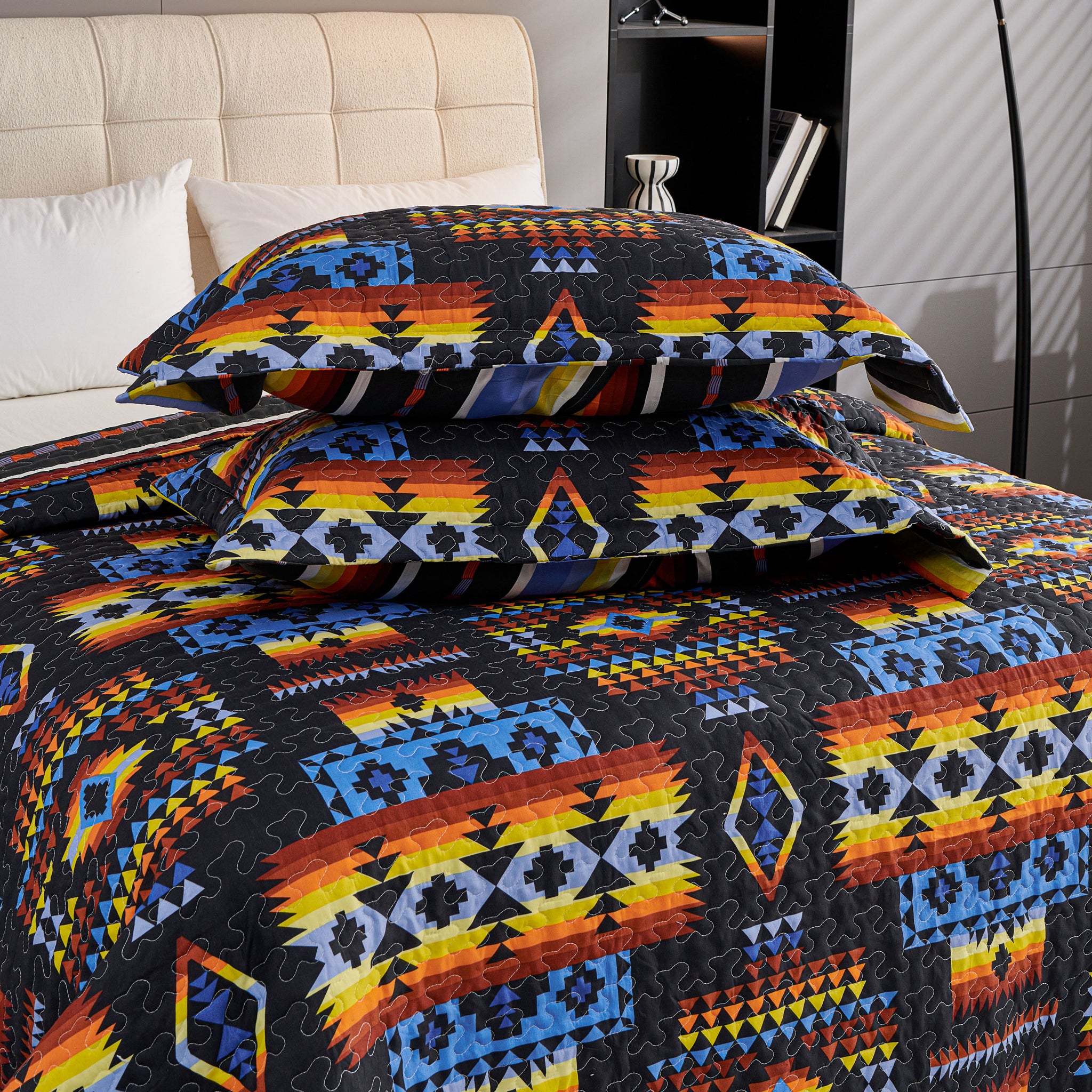 3 Pcs Boho Colorful Polyester Quilt Set, Geometry Printed Bedspread Coverlet Set with 2 Pillowcases,Soft Bohemian Bedding Set