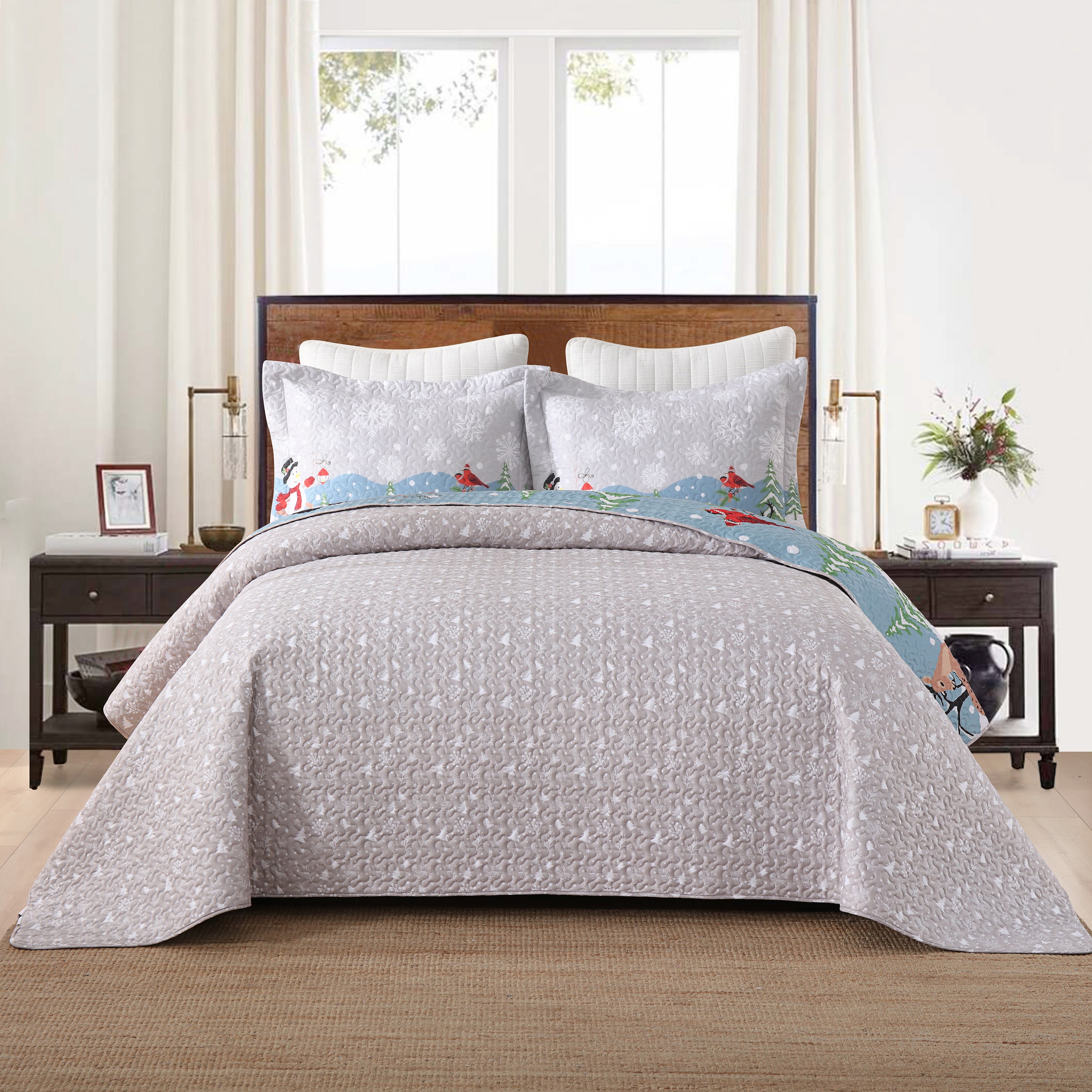 3 Piece Reversible Winter Wonderland Christmas Quilt Bedspread Set BY215