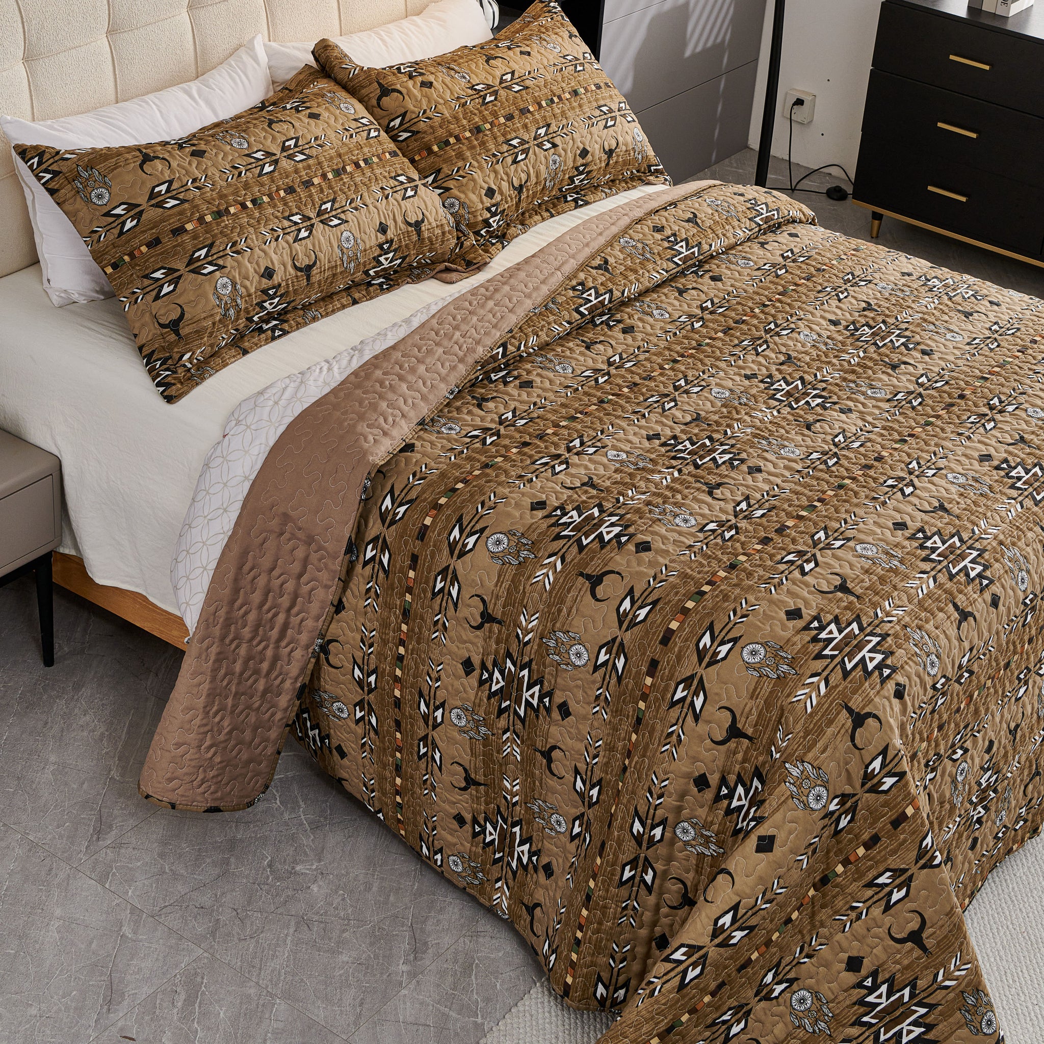 3 Pcs Boho Colorful Polyester Quilt Set, Geometry Printed Bedspread Coverlet Set with 2 Pillowcases,Soft Bohemian Bedding Set