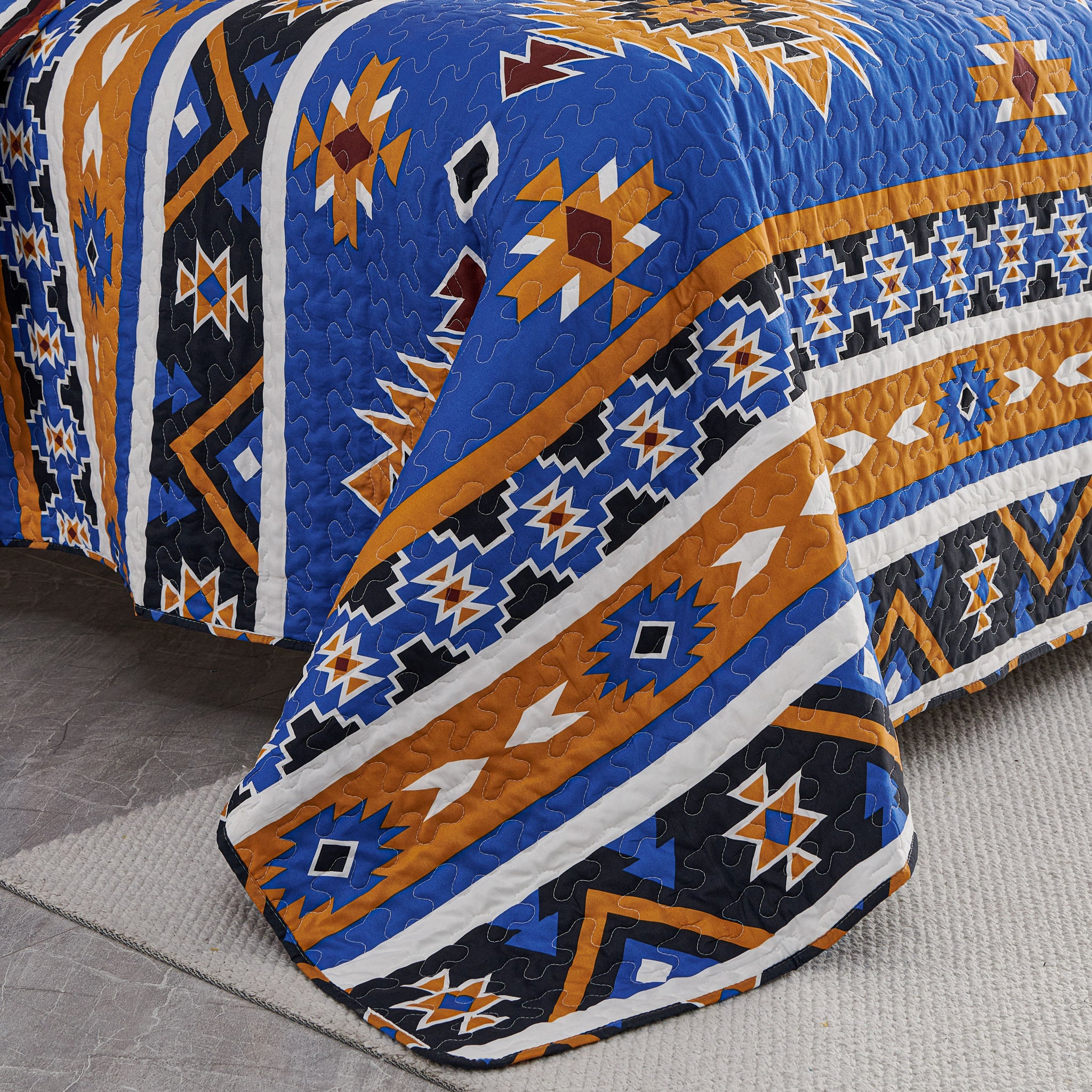 3 Pcs Boho Colorful Polyester Quilt Set, Geometry Printed Bedspread Coverlet Set with 2 Pillowcases,Soft Bohemian Bedding Set