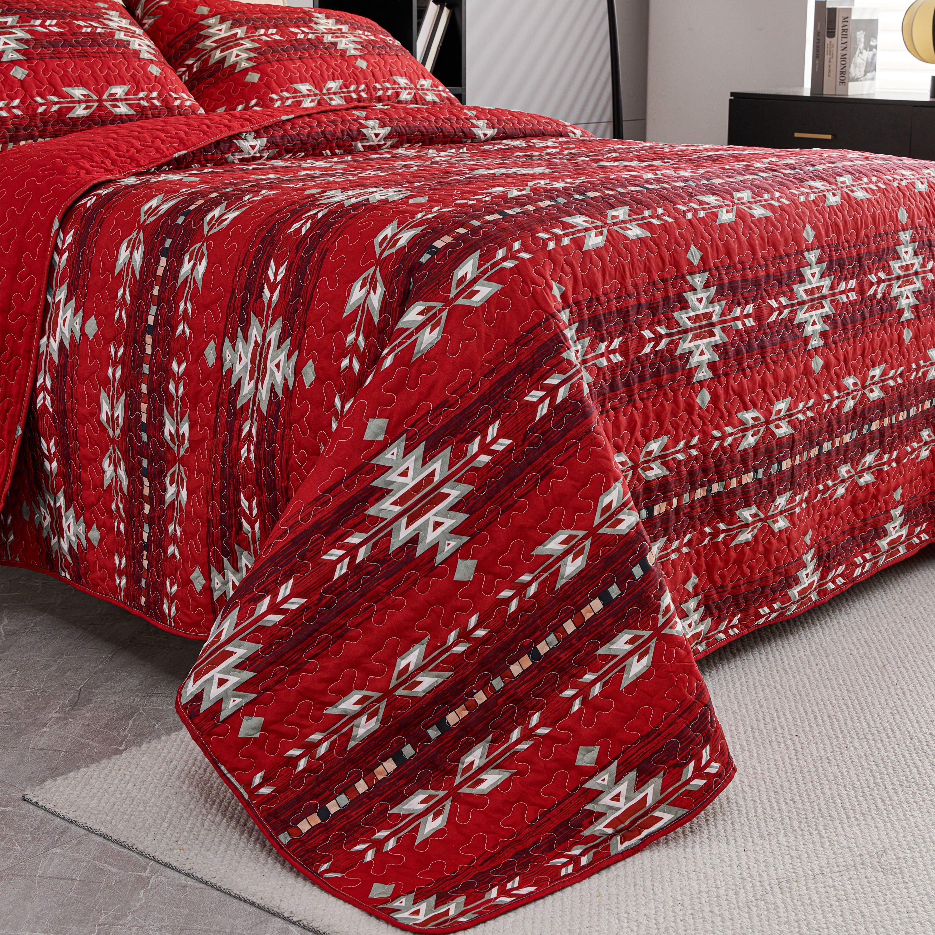 3 Piece Boho Colorful Geometric Printed Quilt Bedspread Set SS