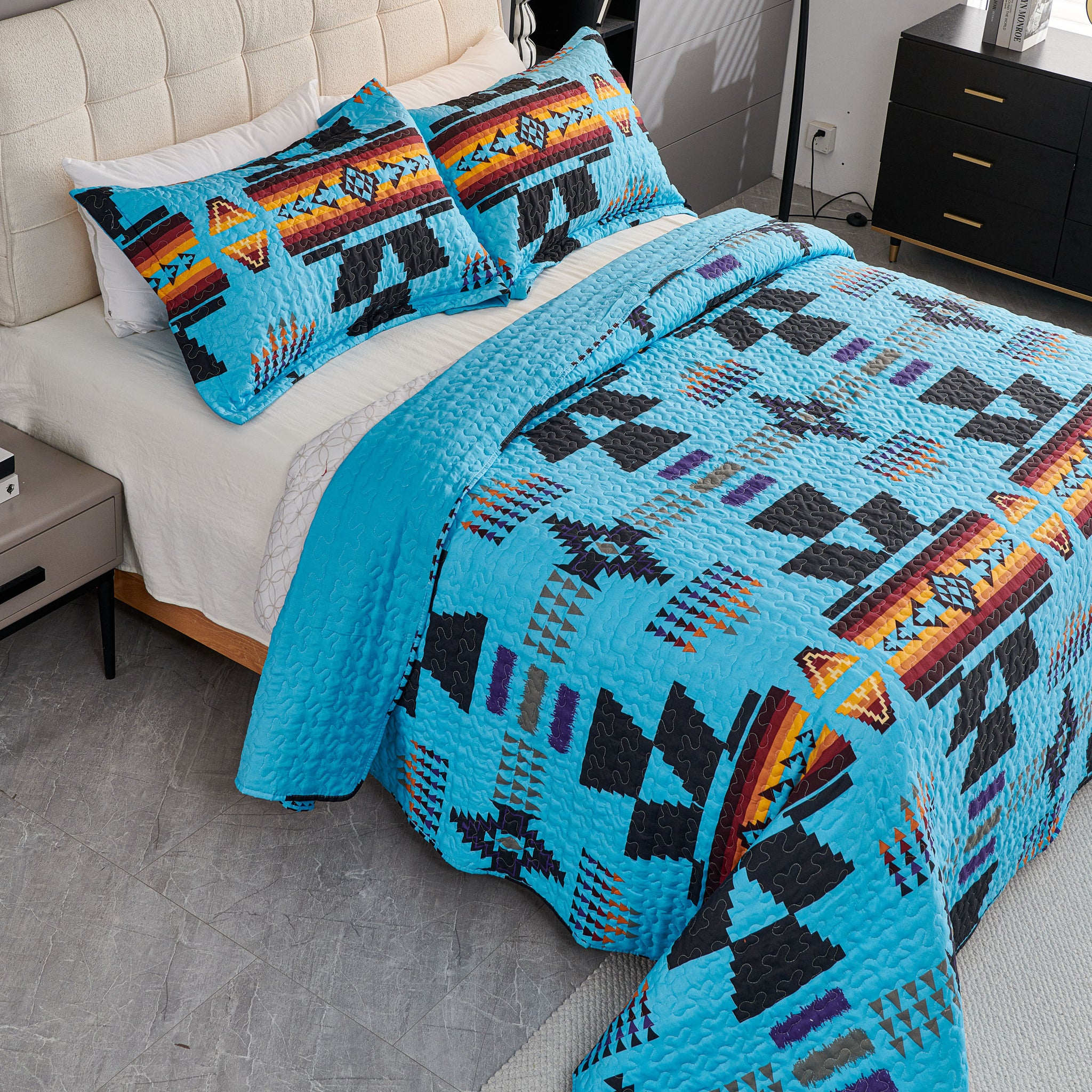 3 Pcs Boho Colorful Polyester Quilt Set, Geometry Printed Bedspread Coverlet Set with 2 Pillowcases,Soft Bohemian Bedding Set