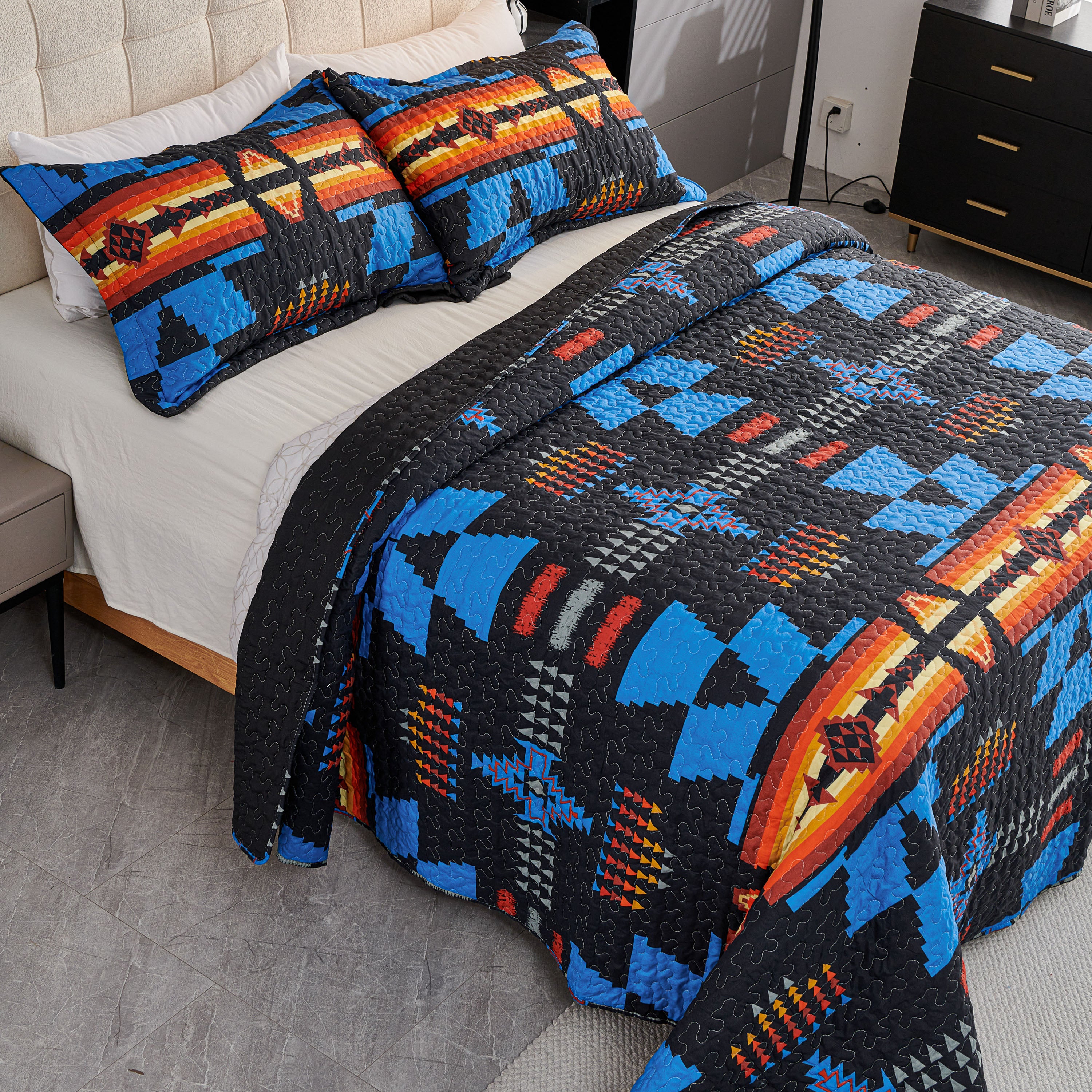 3 Piece Boho Colorful Geometric Printed Quilt Bedspread Set SS