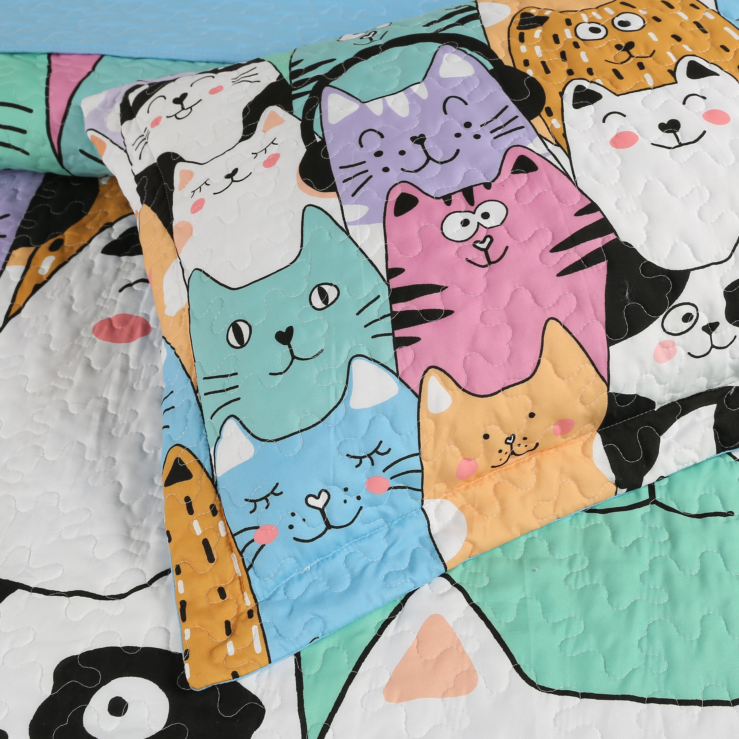 3 Piece Cat Print Quilt Set for Kids - Colorful Bedspread WX202