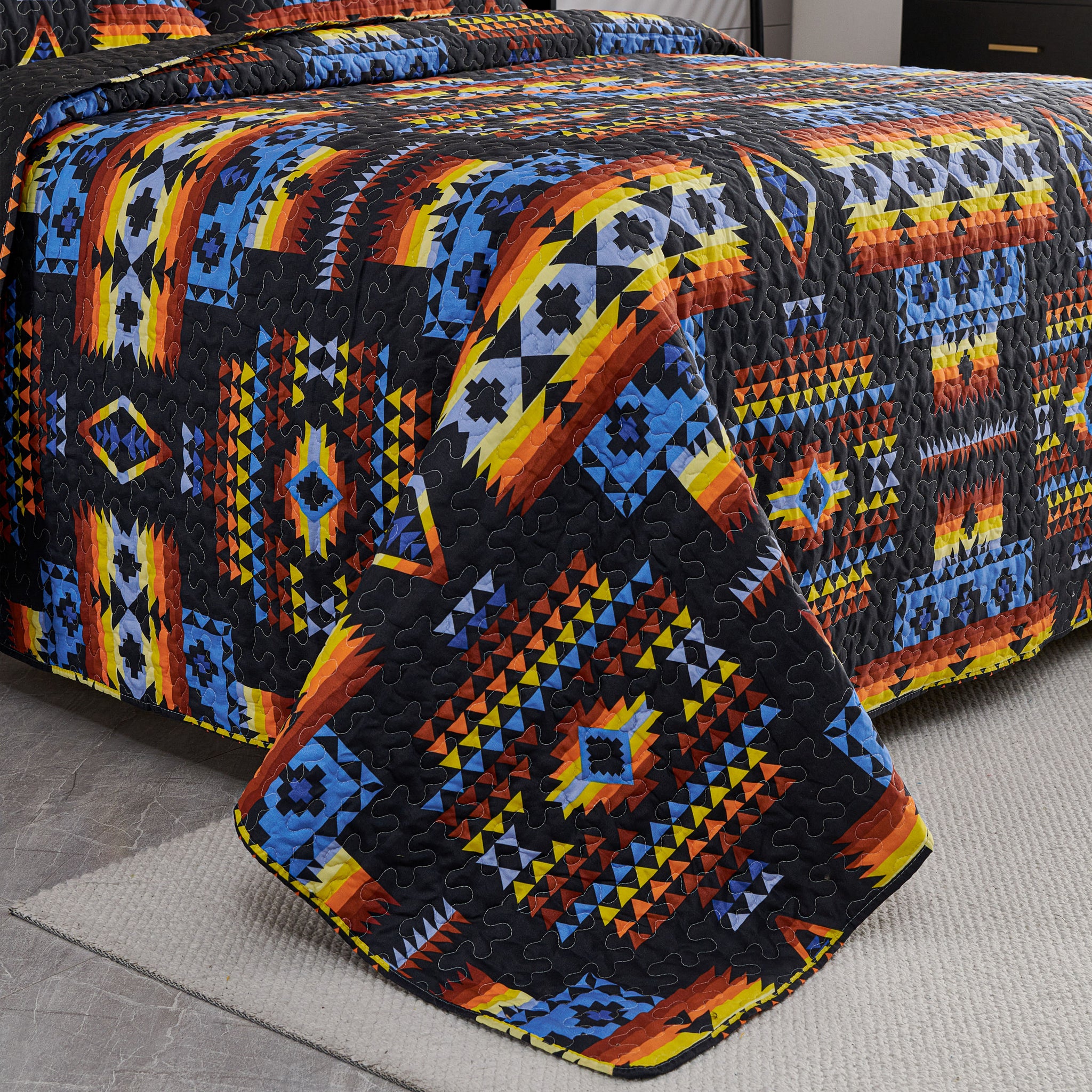 3 Pcs Boho Colorful Polyester Quilt Set, Geometry Printed Bedspread Coverlet Set with 2 Pillowcases,Soft Bohemian Bedding Set