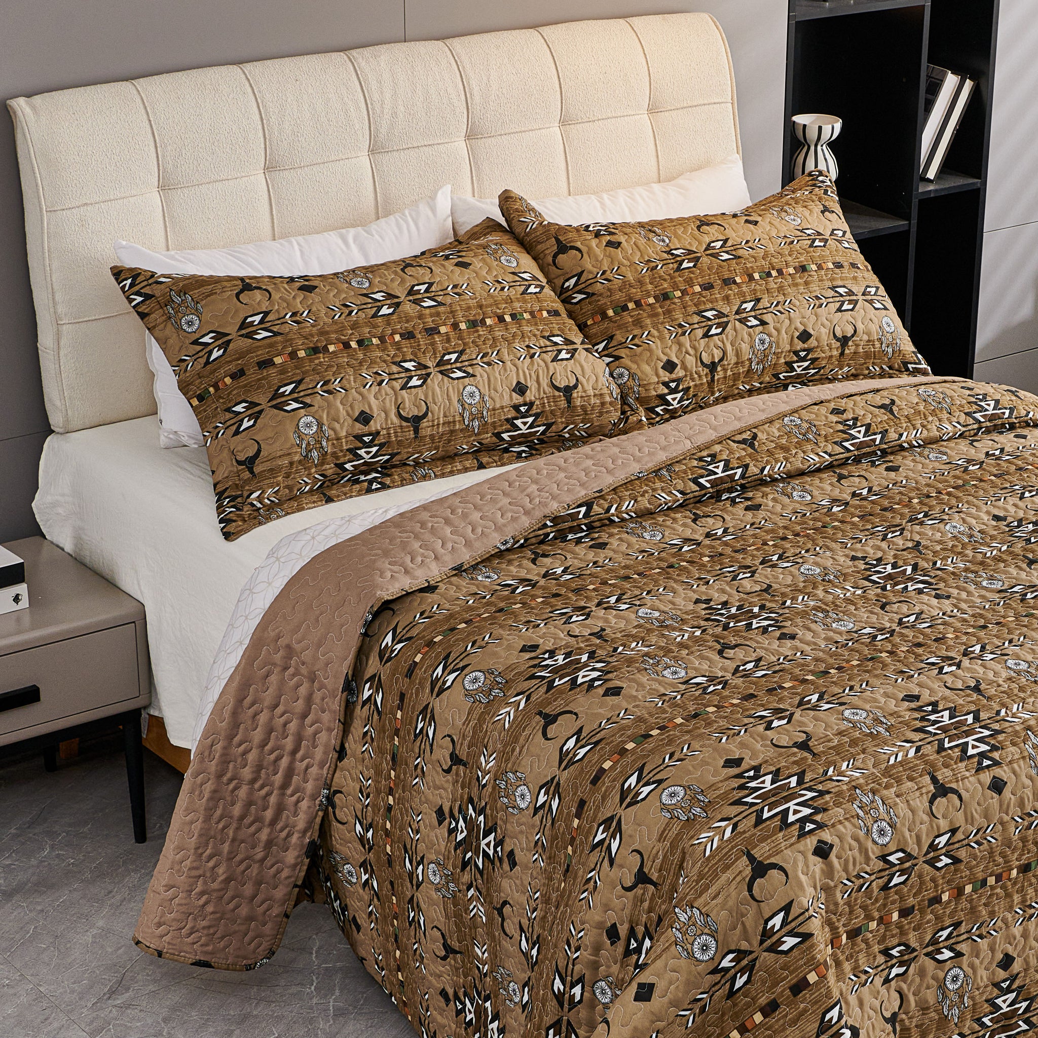 3 Pcs Boho Colorful Polyester Quilt Set, Geometry Printed Bedspread Coverlet Set with 2 Pillowcases,Soft Bohemian Bedding Set
