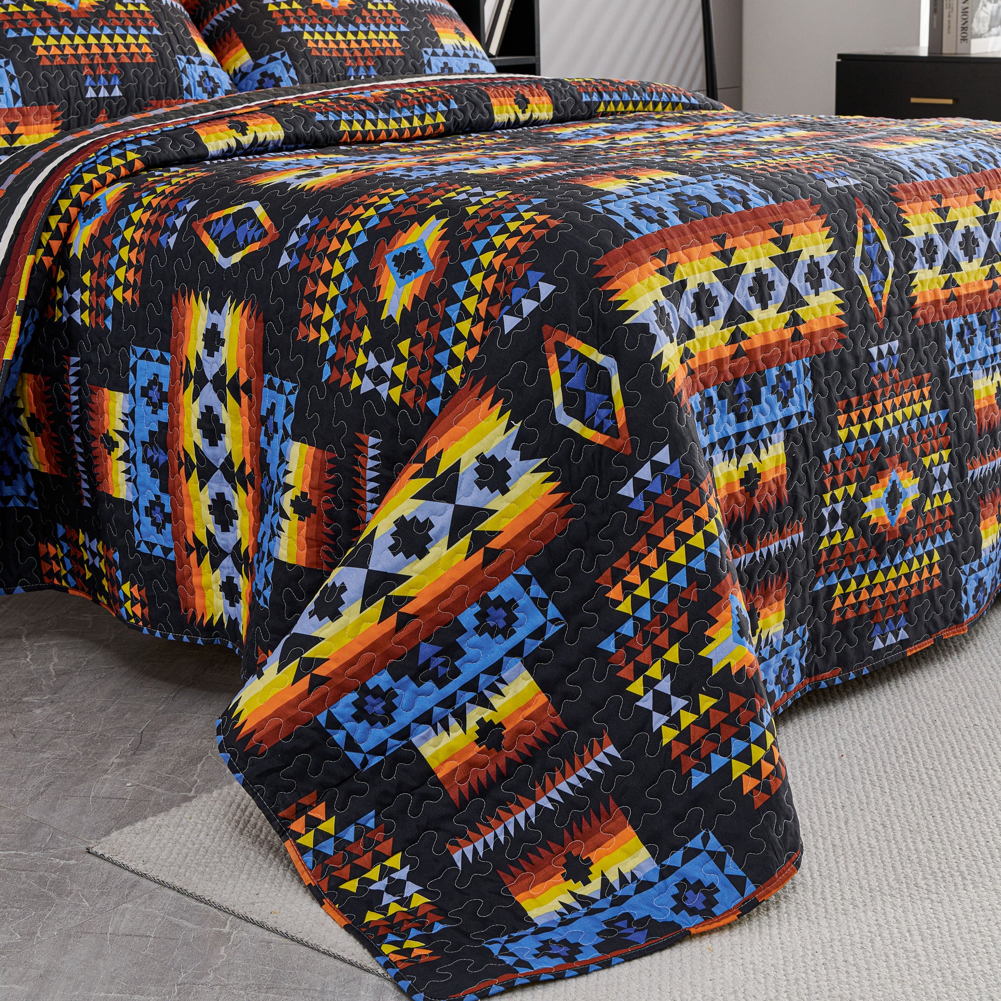 3 Pcs Boho Colorful Polyester Quilt Set, Geometry Printed Bedspread Coverlet Set with 2 Pillowcases,Soft Bohemian Bedding Set