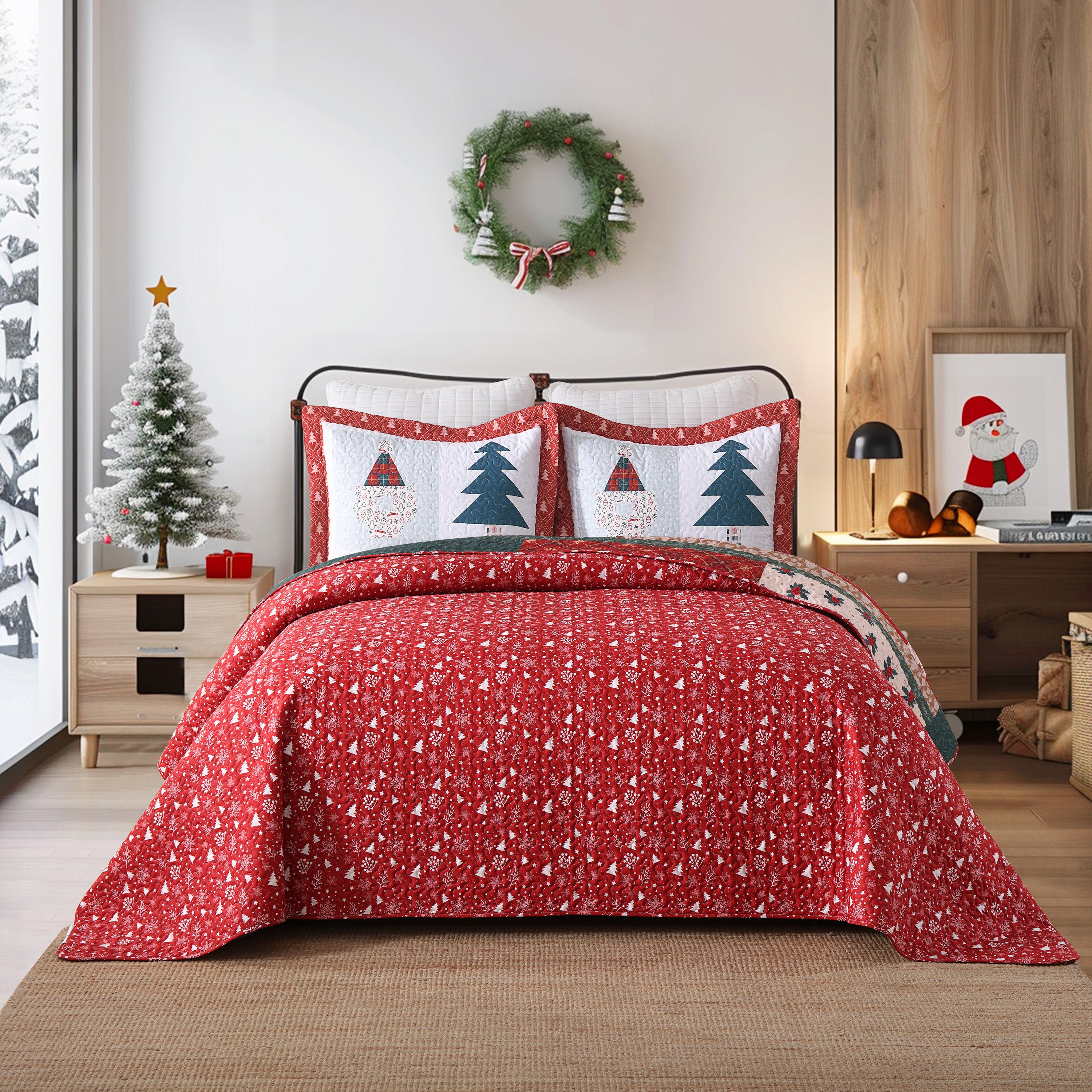 3 Piece Soft Polyester Reversible Christmas Holiday Quilt Bedspread Set BY214