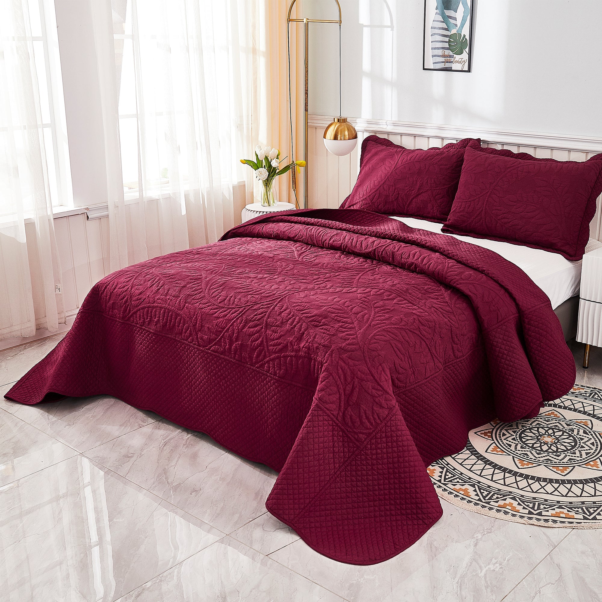 3 Piece 100% Cotton Embroidered Quilt Set – Botanical Farmhouse Bedspread