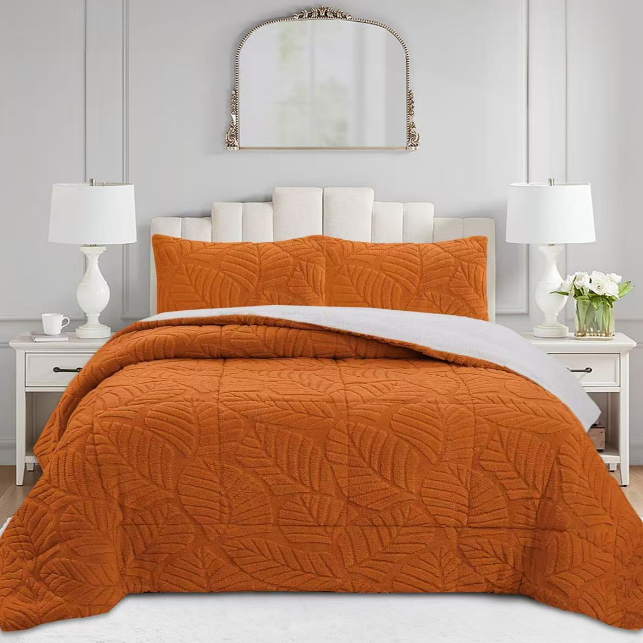 Soft 3 Piece Leaf Pattern Jacquard Plush Comforter Set MEL