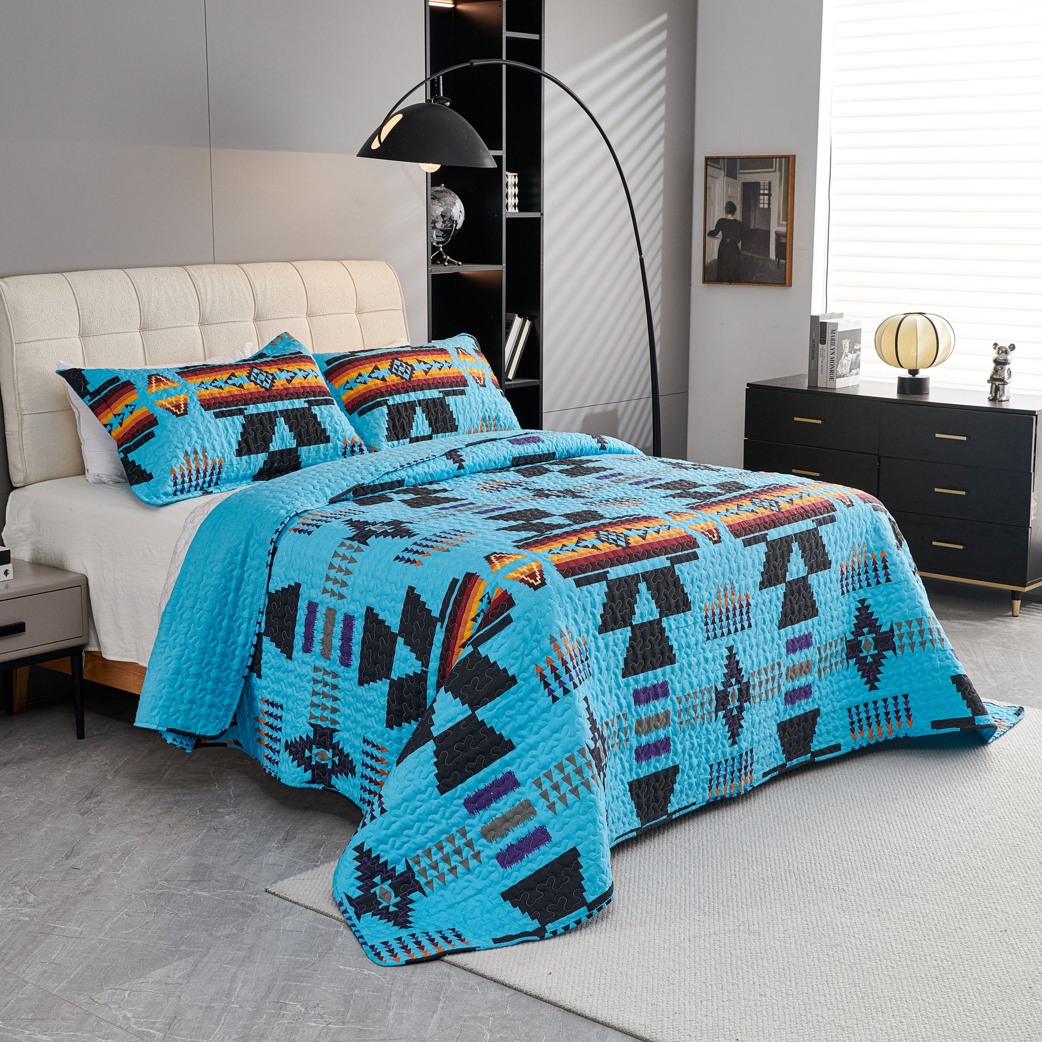3 Pcs Boho Colorful Polyester Quilt Set, Geometry Printed Bedspread Coverlet Set with 2 Pillowcases,Soft Bohemian Bedding Set