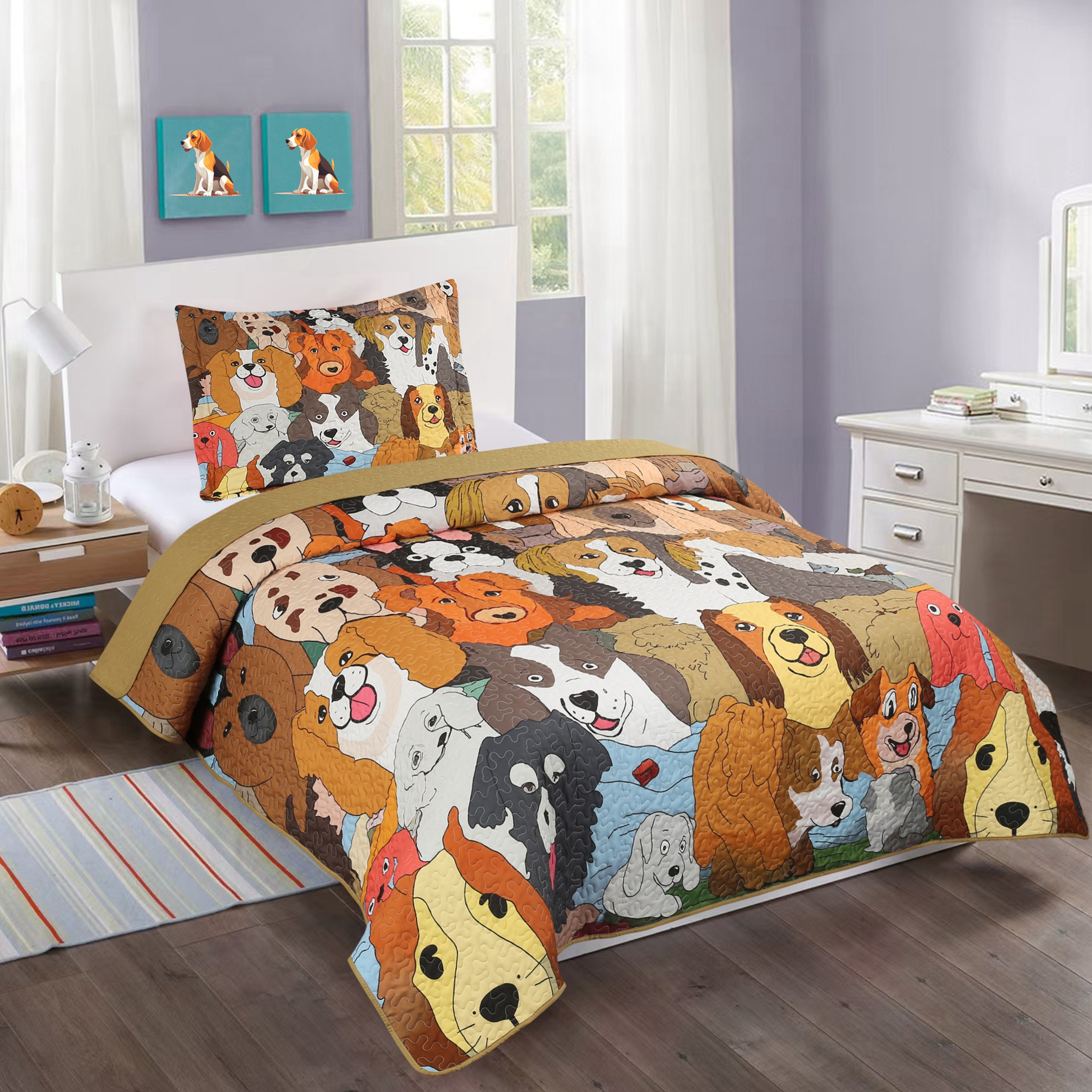 3 Piece Dog Print Quilt Set for Kids - Cartoon Puppy Bedspread WX200