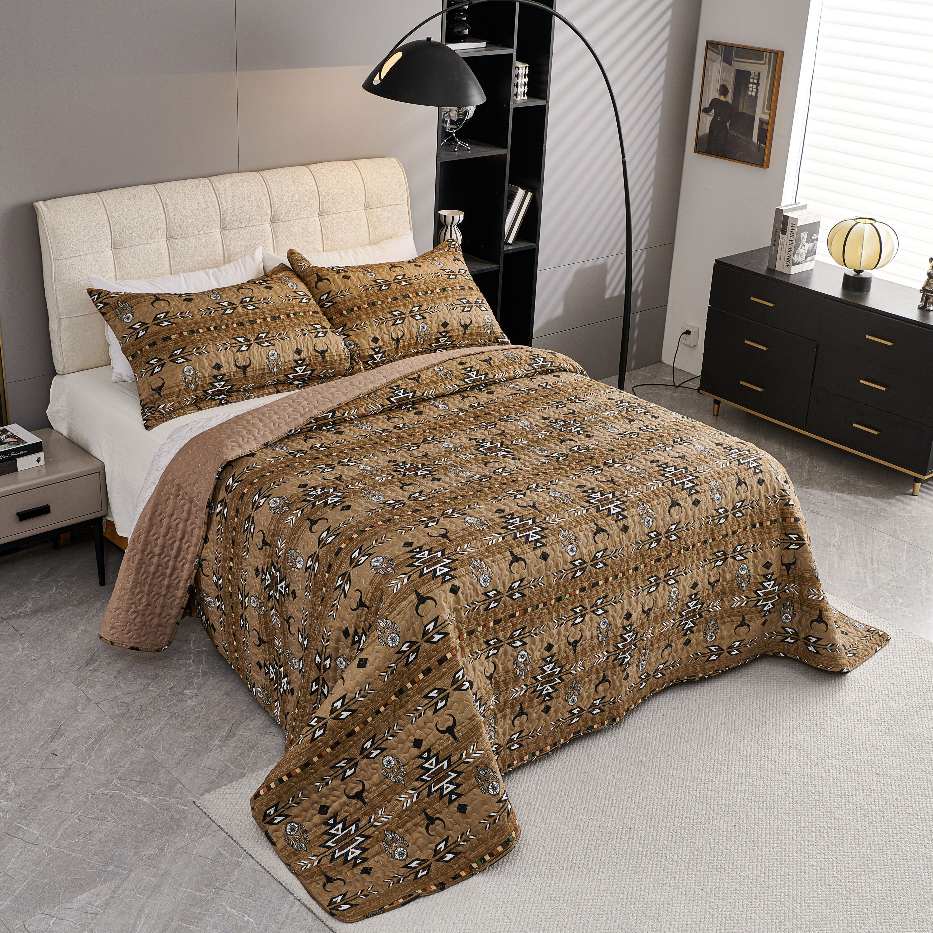 3 Piece Boho Colorful Geometric Printed Quilt Bedspread Set SS
