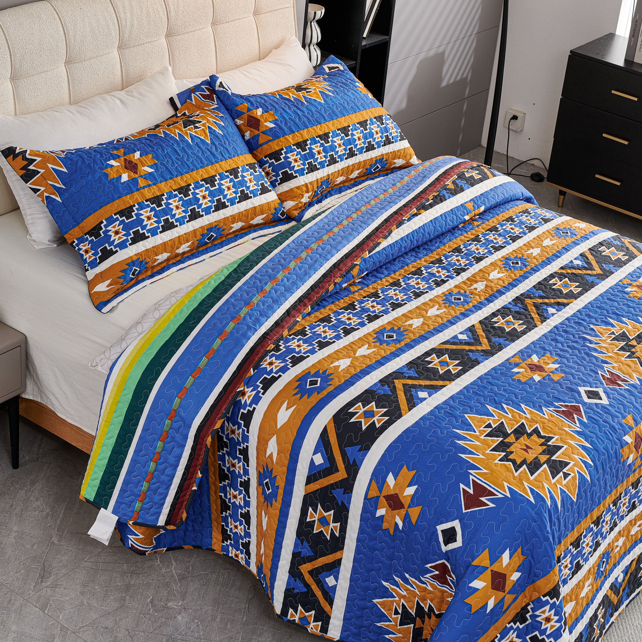 3 Pcs Boho Colorful Polyester Quilt Set, Geometry Printed Bedspread Coverlet Set with 2 Pillowcases,Soft Bohemian Bedding Set