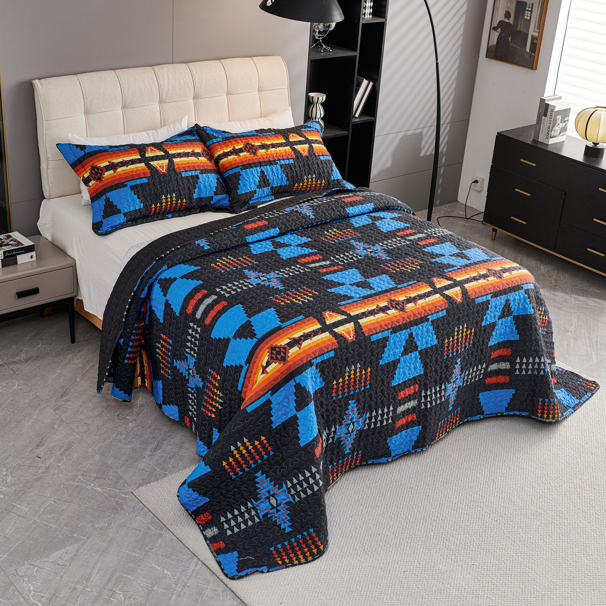 3 Pcs Boho Colorful Polyester Quilt Set, Geometry Printed Bedspread Coverlet Set with 2 Pillowcases,Soft Bohemian Bedding Set