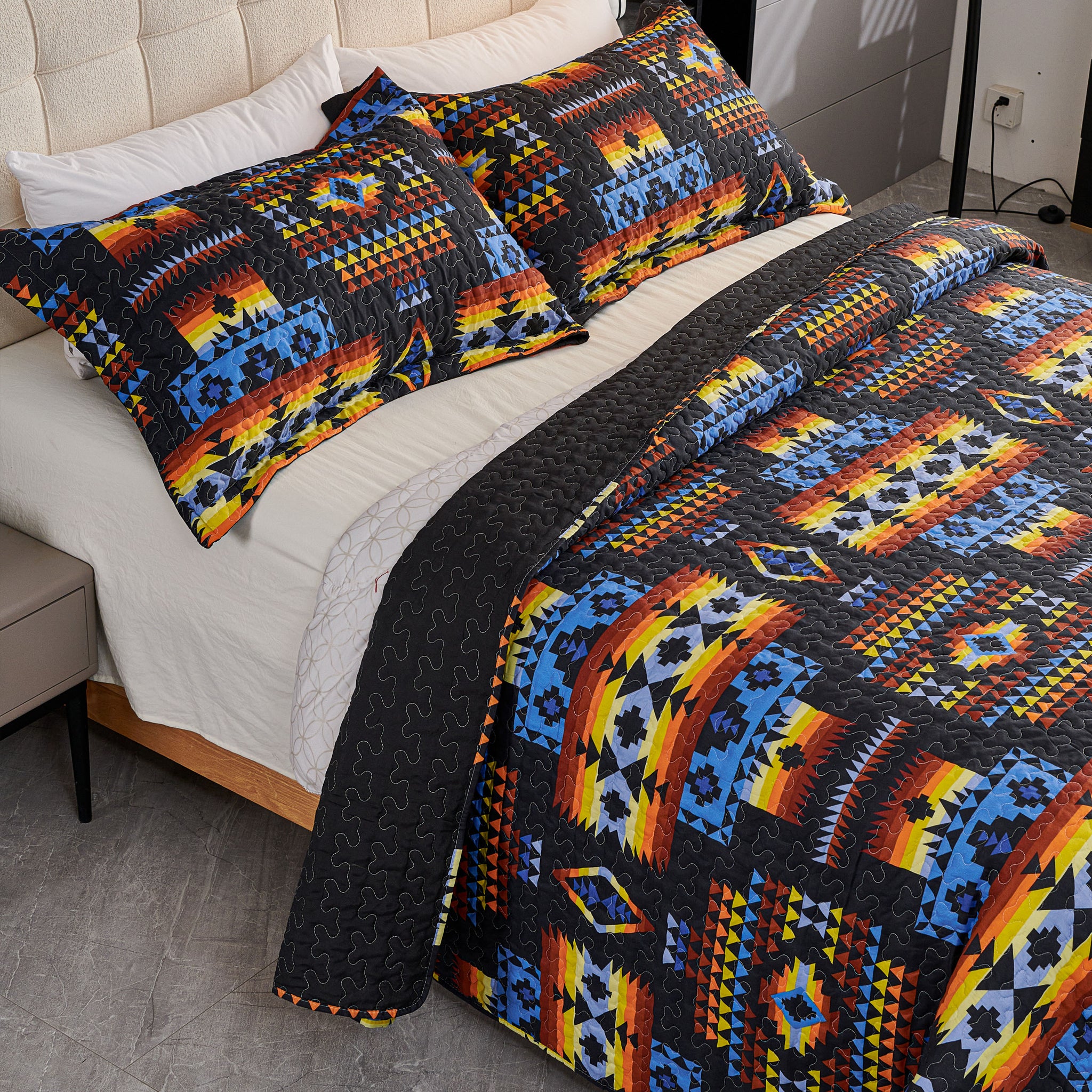 3 Pcs Boho Colorful Polyester Quilt Set, Geometry Printed Bedspread Coverlet Set with 2 Pillowcases,Soft Bohemian Bedding Set