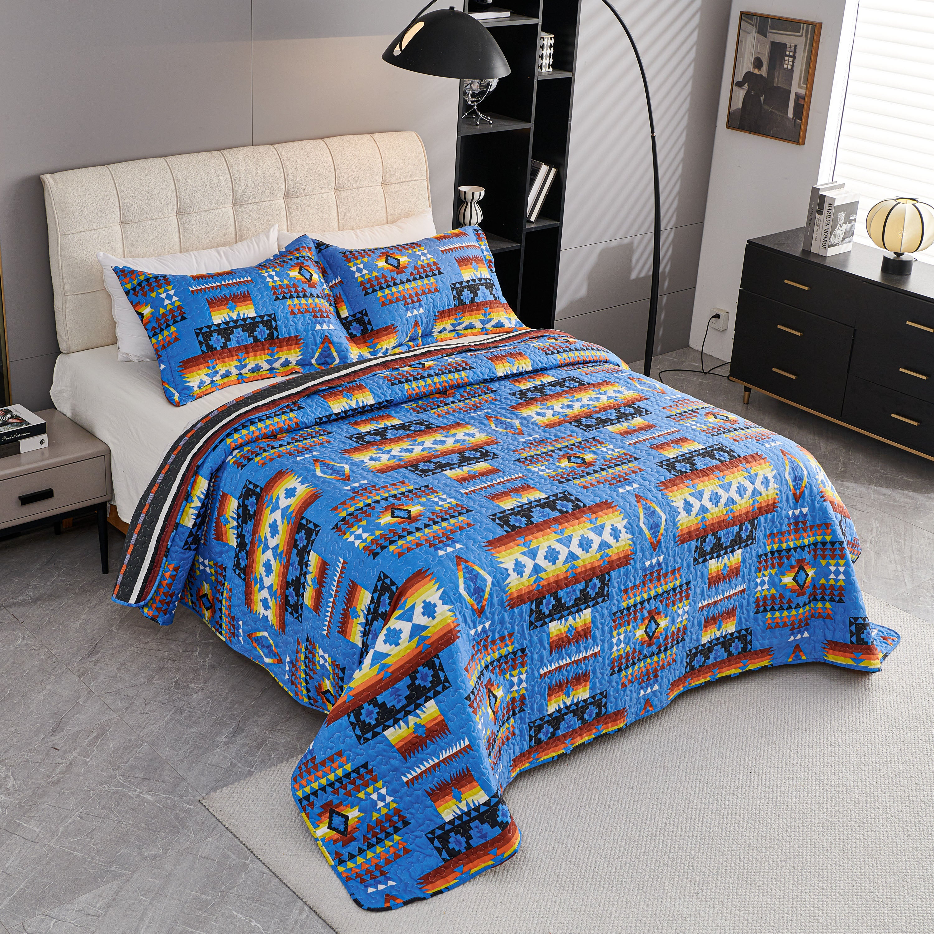3 Piece Boho Colorful Geometric Printed Quilt Bedspread Set SS