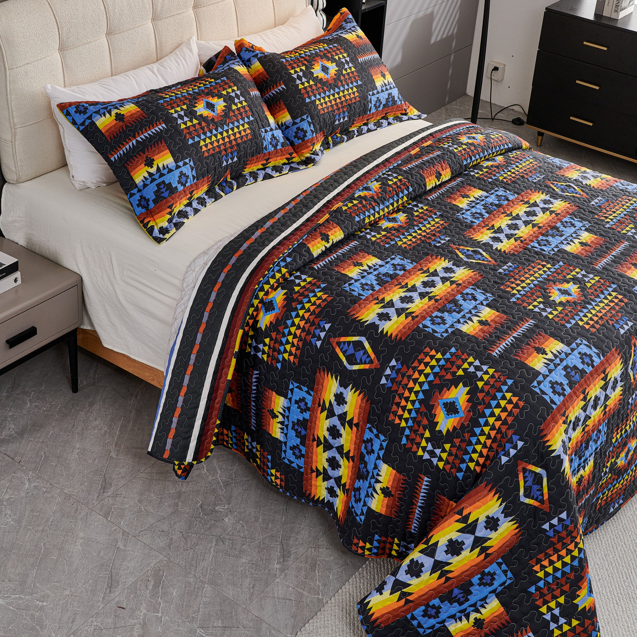 3 Pcs Boho Colorful Polyester Quilt Set, Geometry Printed Bedspread Coverlet Set with 2 Pillowcases,Soft Bohemian Bedding Set
