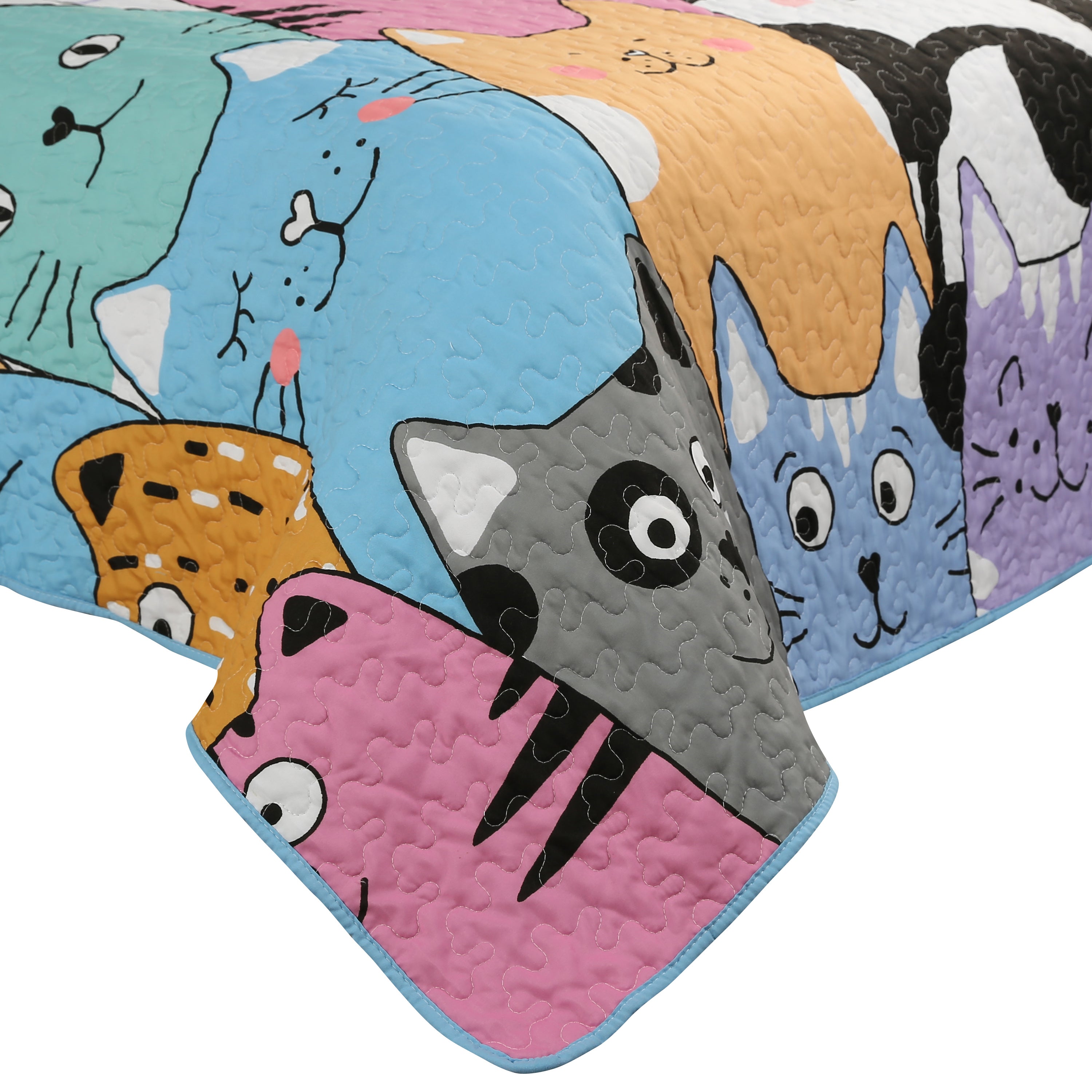 3 Piece Cat Print Quilt Set for Kids - Colorful Bedspread WX202