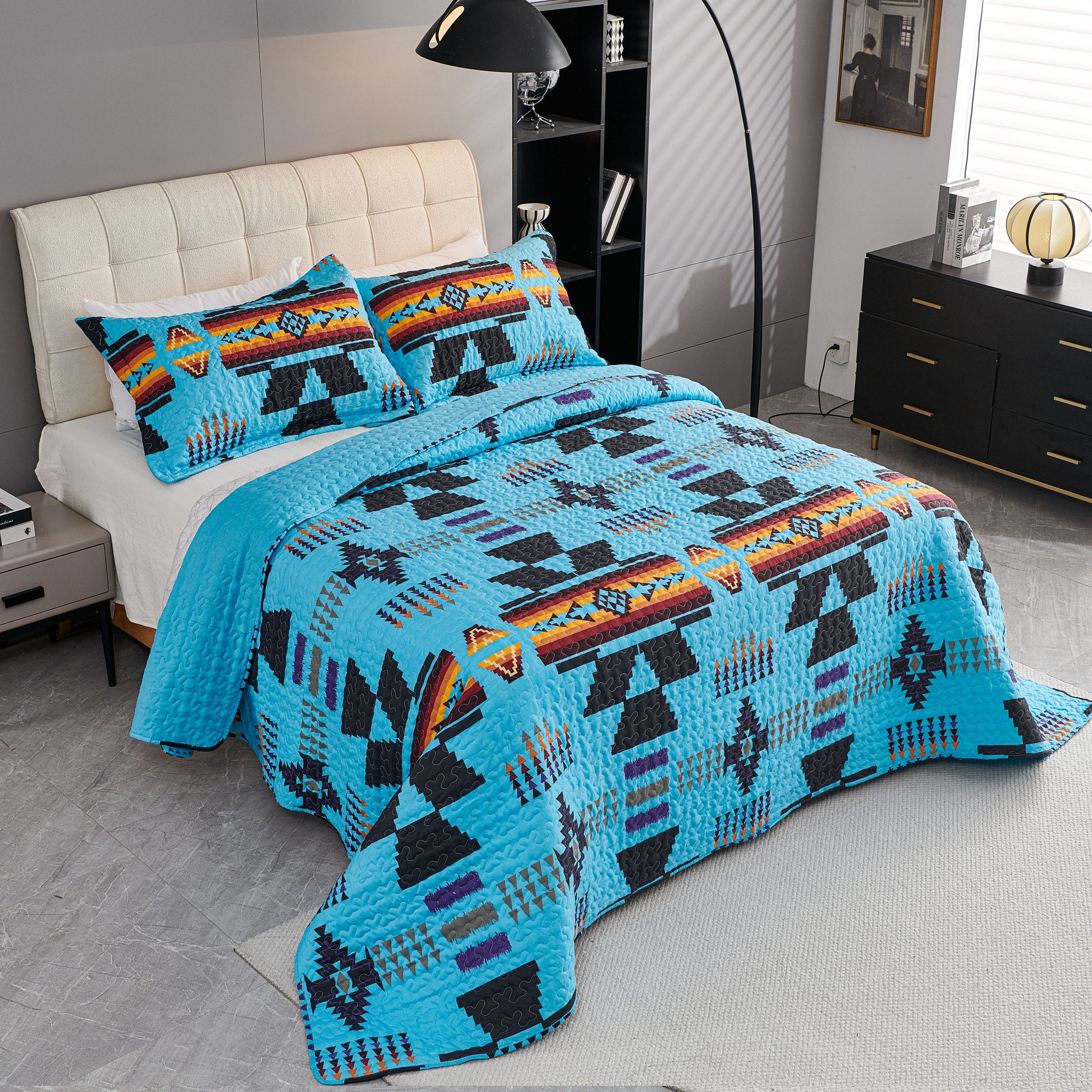 3 Pcs Boho Colorful Polyester Quilt Set, Geometry Printed Bedspread Coverlet Set with 2 Pillowcases,Soft Bohemian Bedding Set