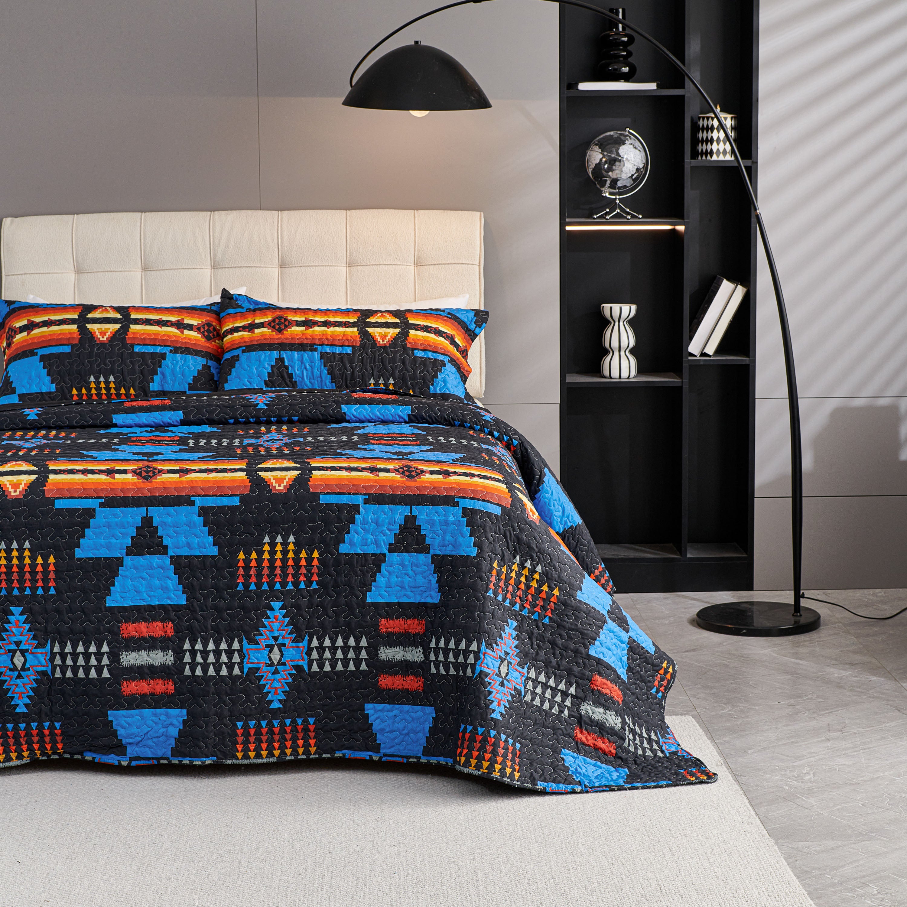 3 Piece Boho Colorful Geometric Printed Quilt Bedspread Set SS
