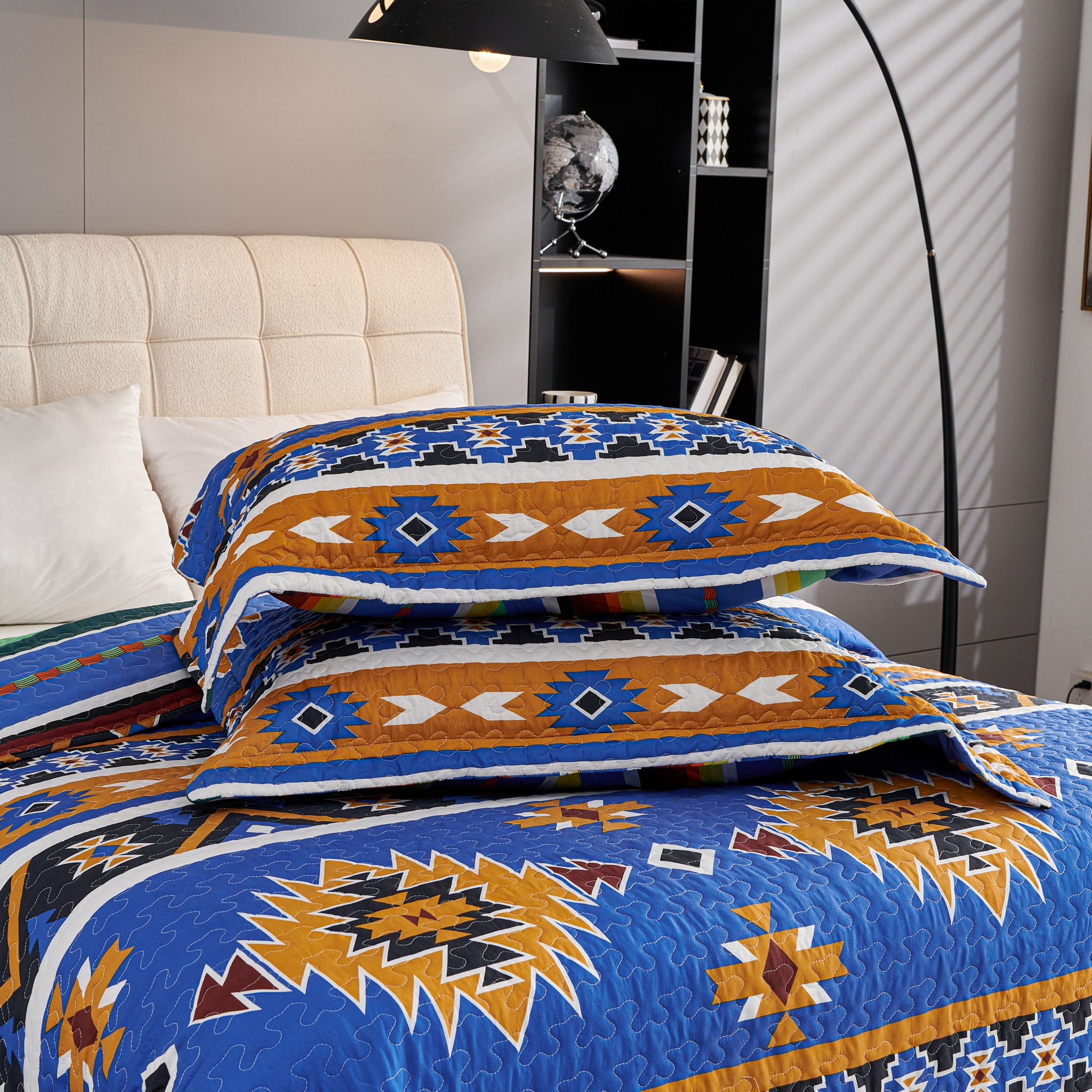 3 Pcs Boho Colorful Polyester Quilt Set, Geometry Printed Bedspread Coverlet Set with 2 Pillowcases,Soft Bohemian Bedding Set