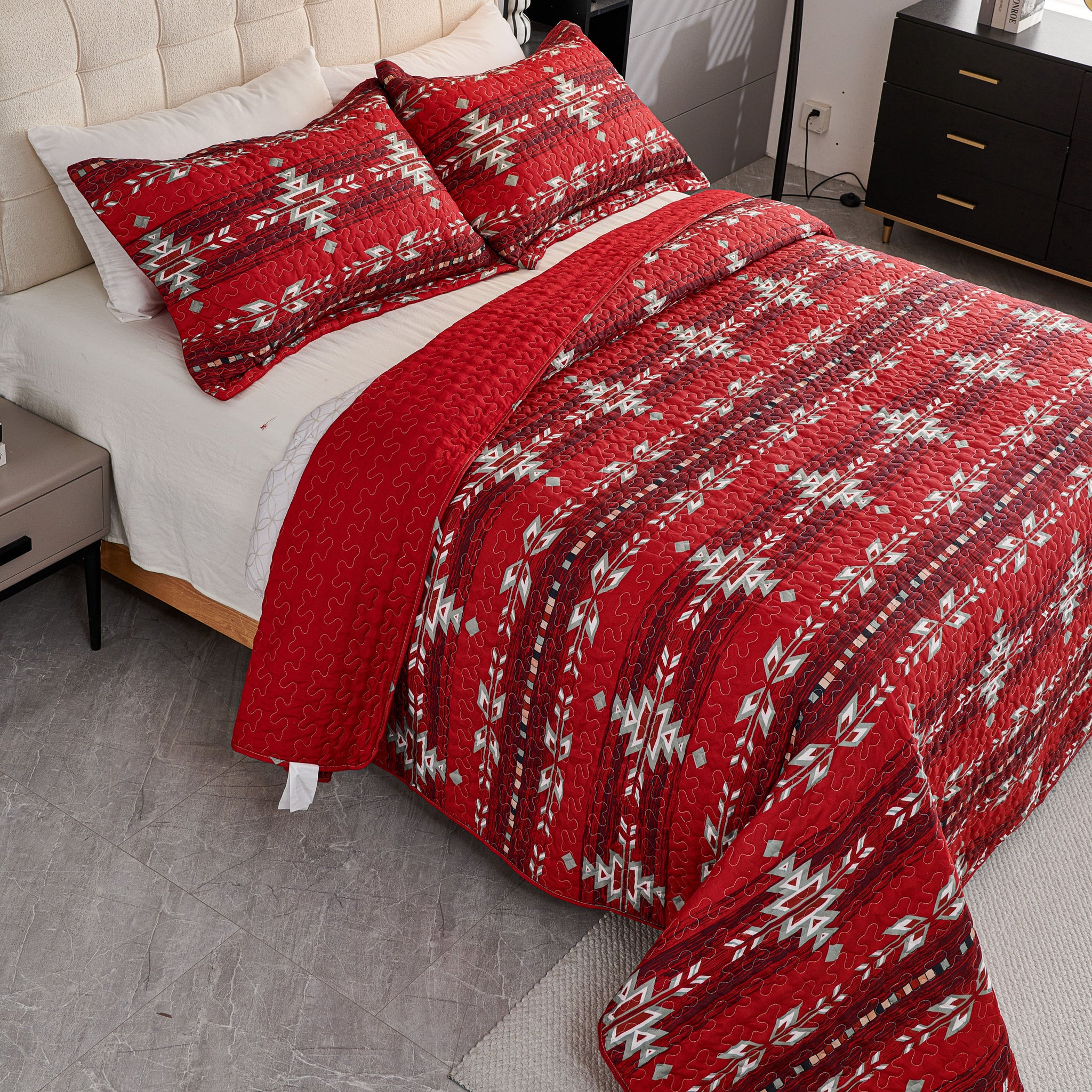 3 Pcs Boho Colorful Polyester Quilt Set, Geometry Printed Bedspread Coverlet Set with 2 Pillowcases,Soft Bohemian Bedding Set