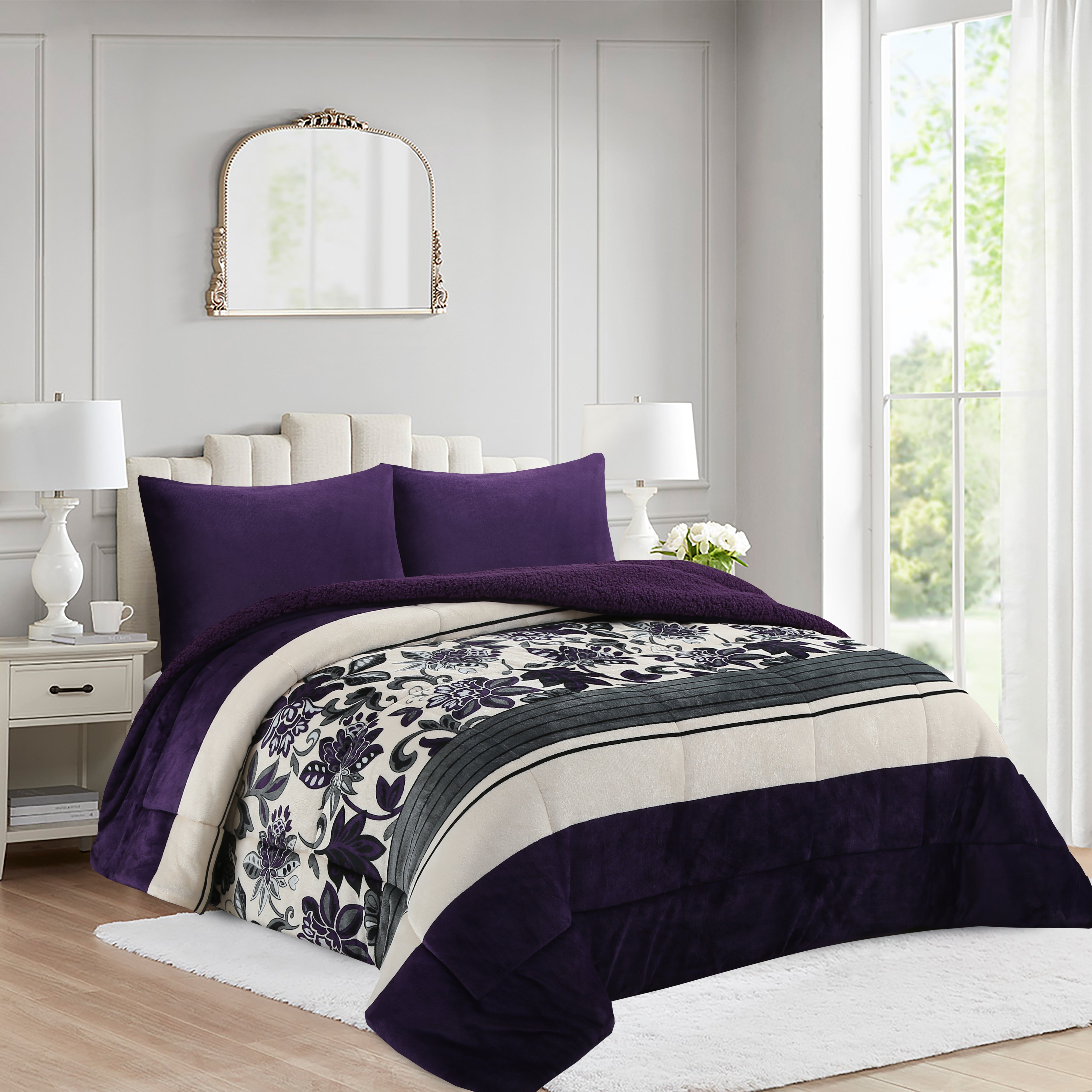3 Piece Plush Sherpa Comforter Set – Soft Floral Velvet