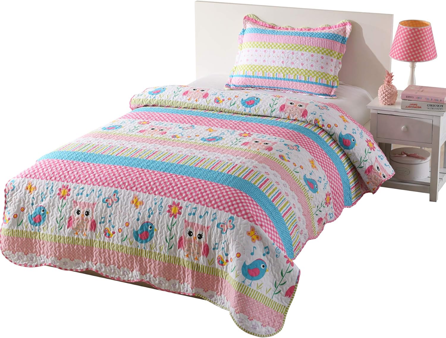 3 Piece Girls Quilt Set, Floral Cartoon Stripe Bedspread A73