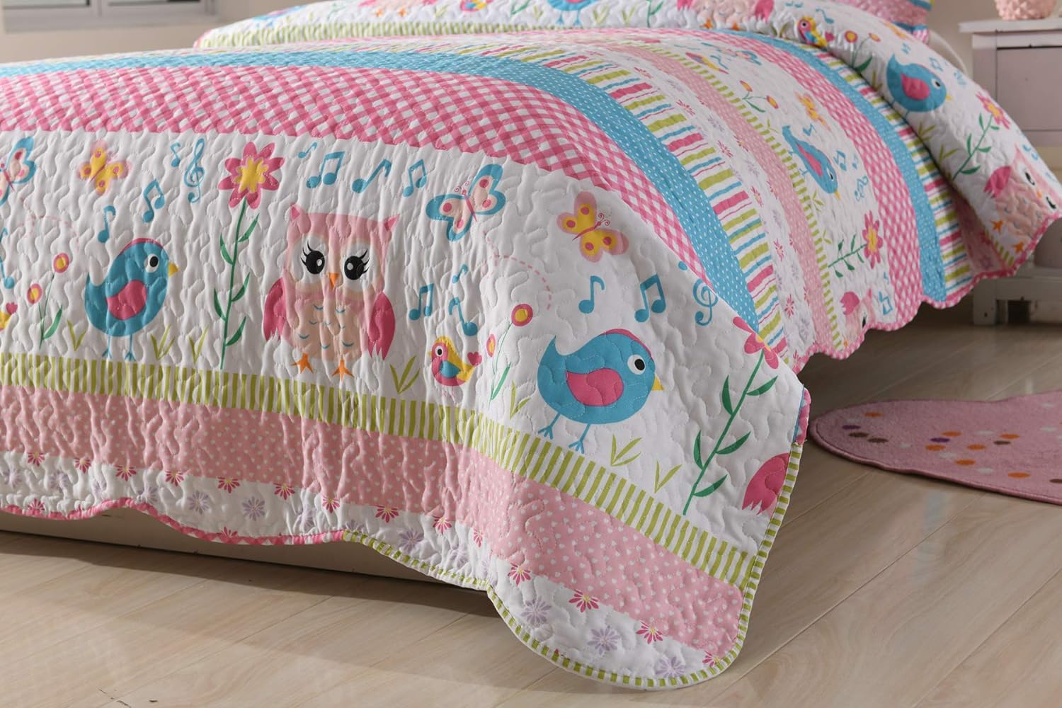 3 Piece Girls Quilt Set, Floral Cartoon Stripe Bedspread A73