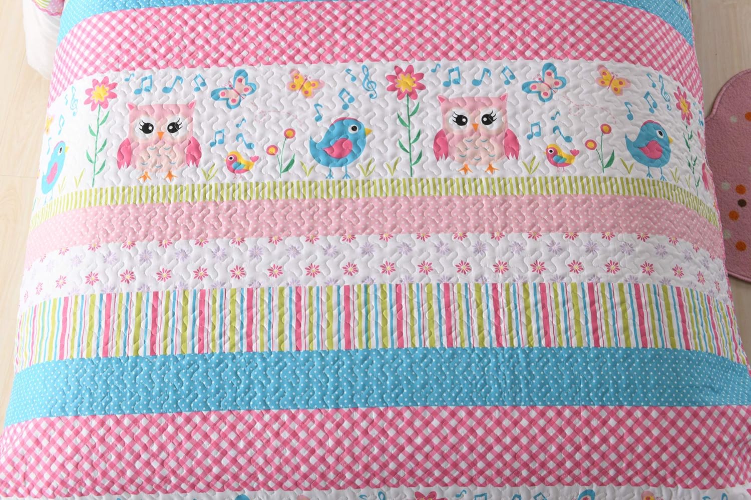 3 Piece Girls Quilt Set, Floral Cartoon Stripe Bedspread A73