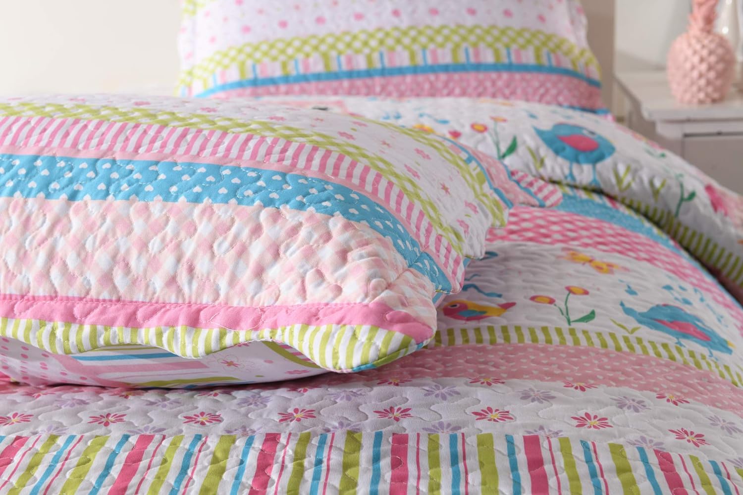 3 Piece Girls Quilt Set, Floral Cartoon Stripe Bedspread A73