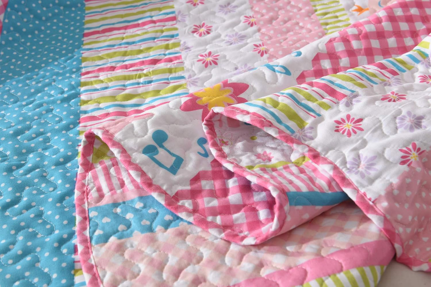 3 Piece Girls Quilt Set, Floral Cartoon Stripe Bedspread A73