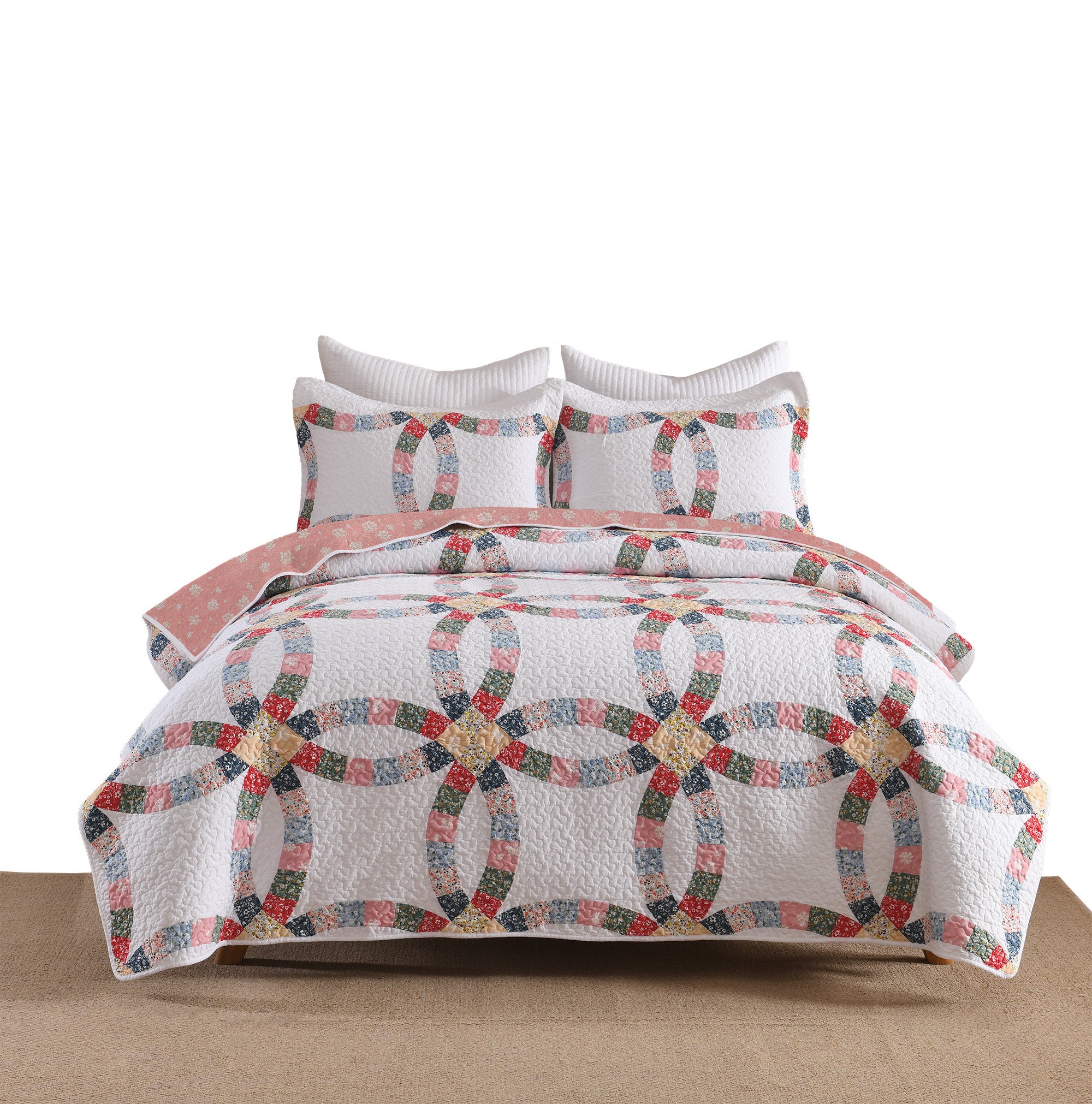 3 Piece 100% Cotton Double-Ring Patchwork Quilt Bedspread Set CP325
