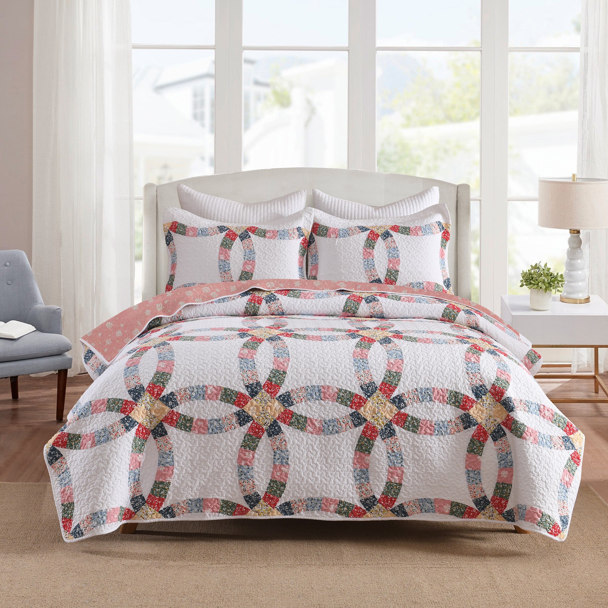 3 Pcs 100% Cotton Double-Ring Patchwork Quilt Bedspread Set CP325