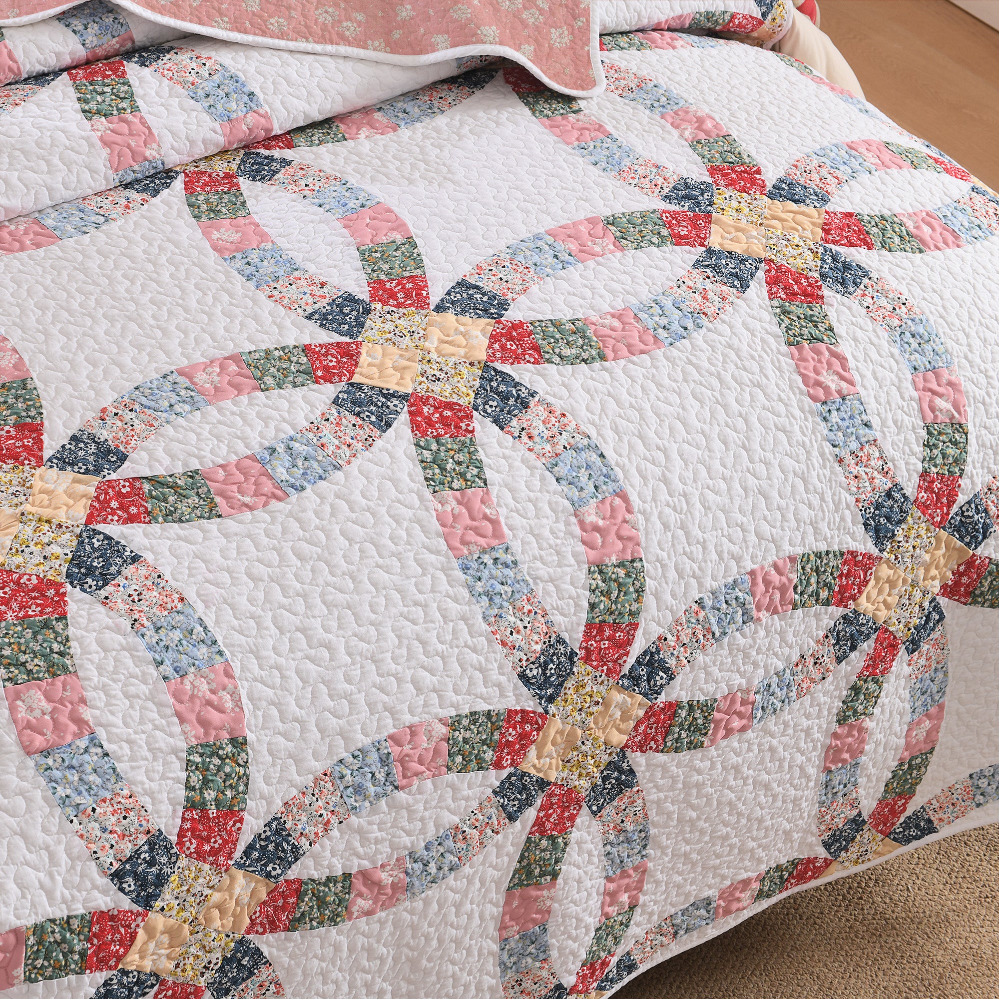 3 Piece 100% Cotton Double-Ring Patchwork Quilt Bedspread Set CP325